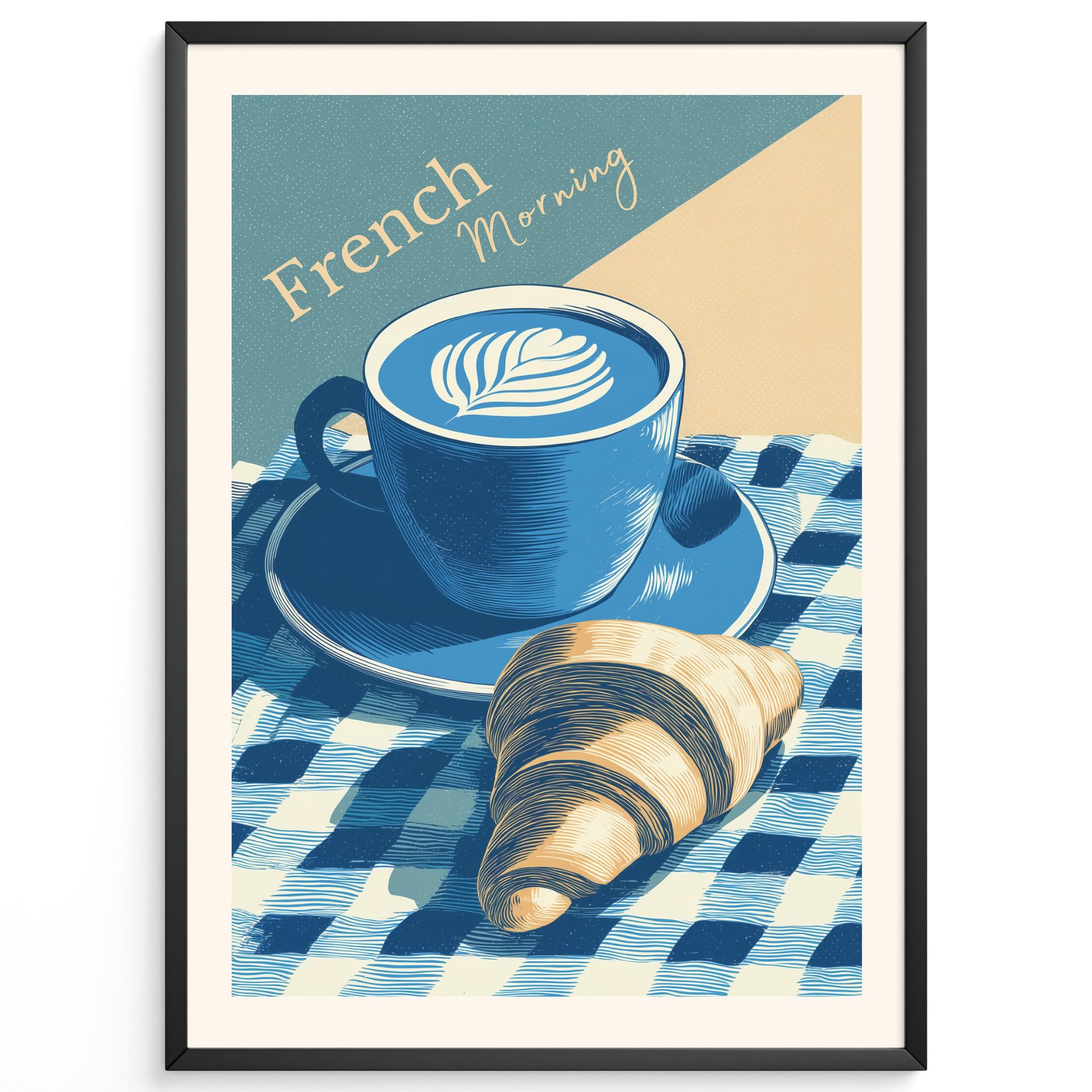 MJ-GRAPHICS® Kaffee Poster French Morning Küche Wandbild Retro Deko mit Croissant – Französisches Frühstücksposter für Frühstücksecke oder Esszimmer – A2 Poster mit Rahmen Holz Braun