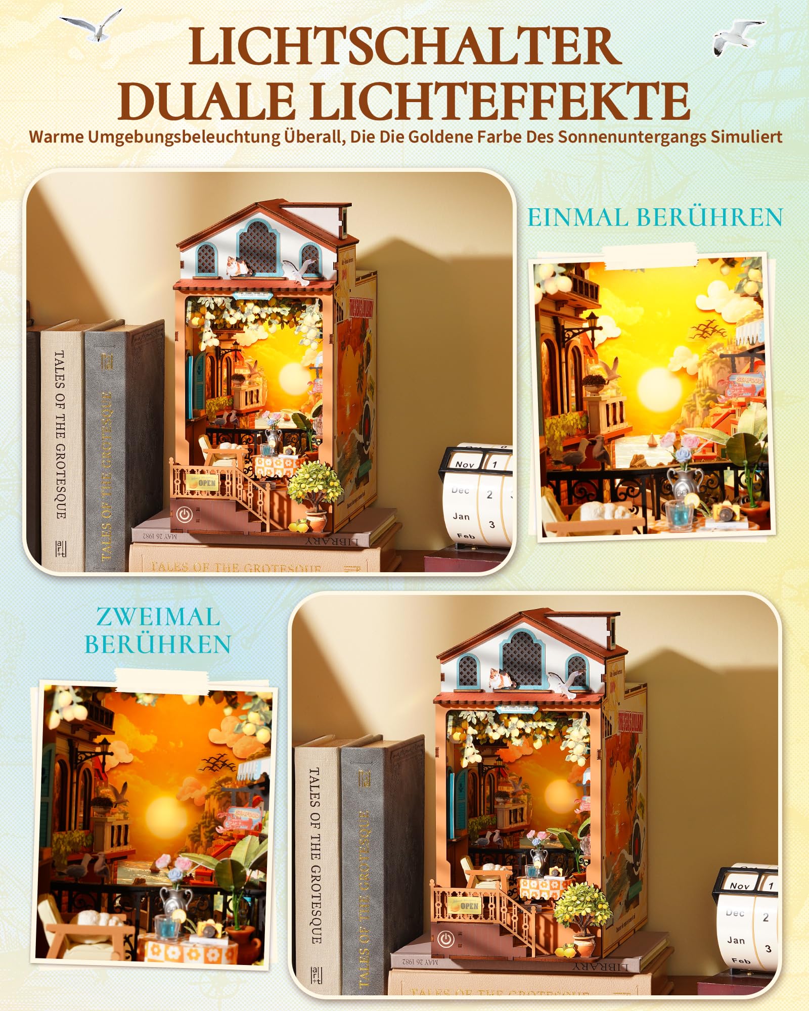 Rolife Book Nook Kit für Erwachsene Miniatur Haus Selber Bauen mit Licht Abendrot Insel Booknook Bausatz 3D-Holzpuzzle Bücherstütze für Regal Bibliothek Bücherregal Dekoration