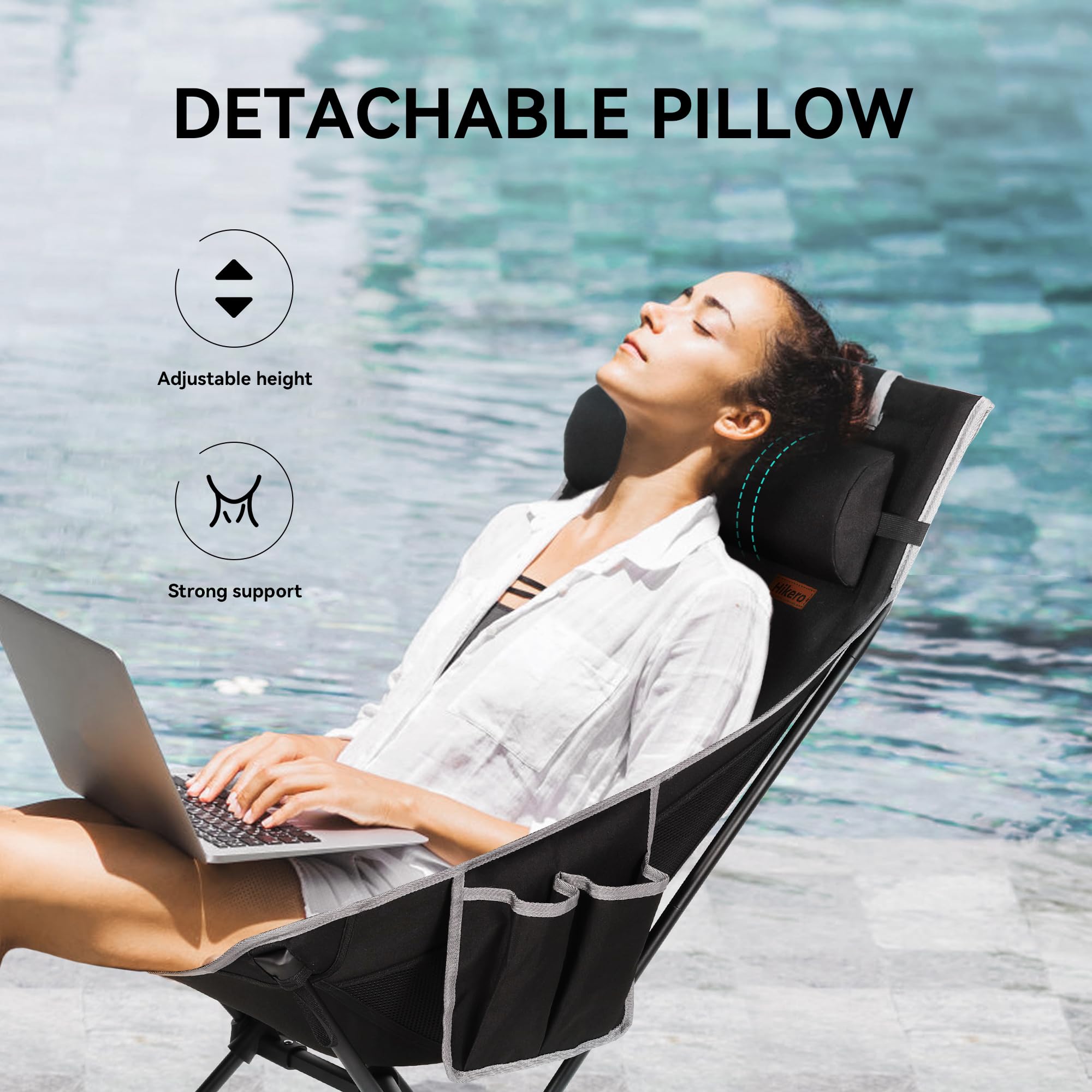 Hikero Portable High Back Camping Chair, Support Heavy Duty 440 lbs, Lightweight Folding Chair with Adjustable Pillow for Hiking, Beach, Backpacking (Black)