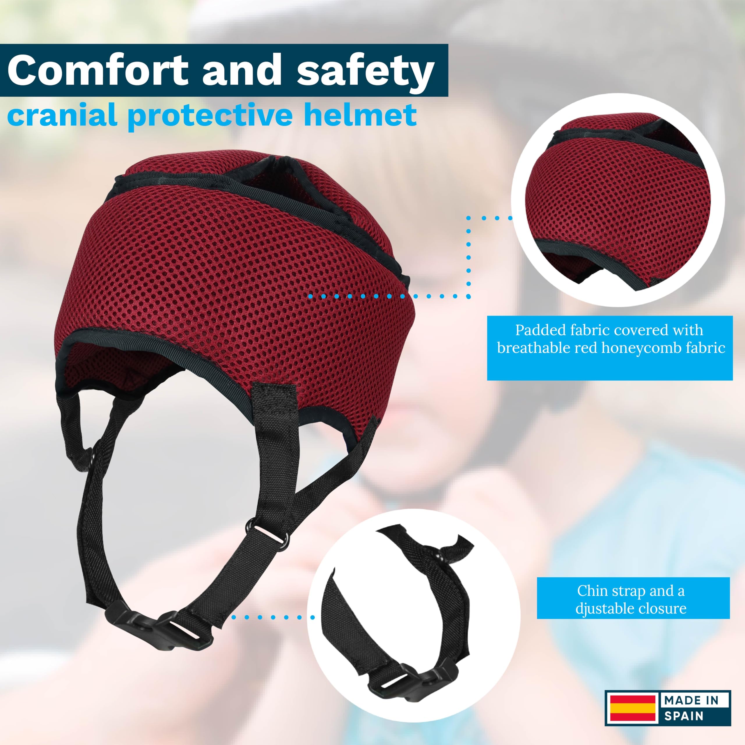 Ubio Casco de Protección Craneal Rojo, Tejido Acolchador Transpirable, Protector de Cabeza Personas Mayores, Epilepsia, Convulsiones, Niños, Adultos, Arnés de Mentón Ajustable 50-54cm Hecho en España