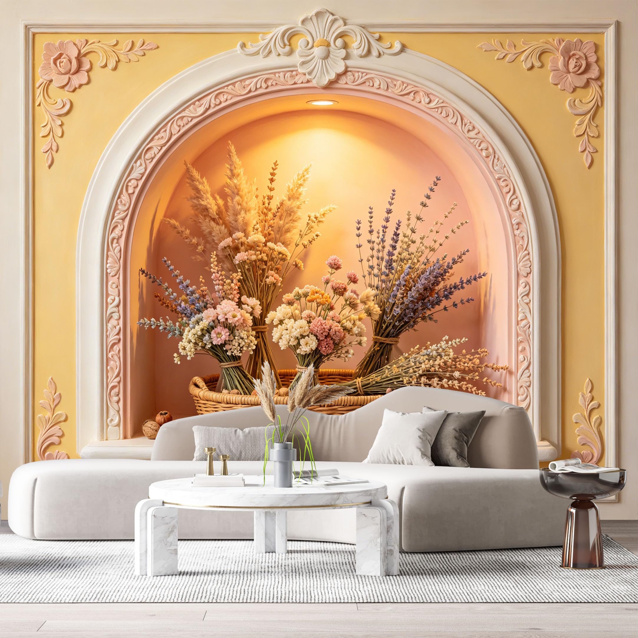 Custom Size Wall Murals Neoclassical Botanical Dried Flowers 3D Trompe L'Oeil SelfAdhesiveWall Fabric Removable Wallpaper Wall Decor for Living Room Bedroom Bathroom