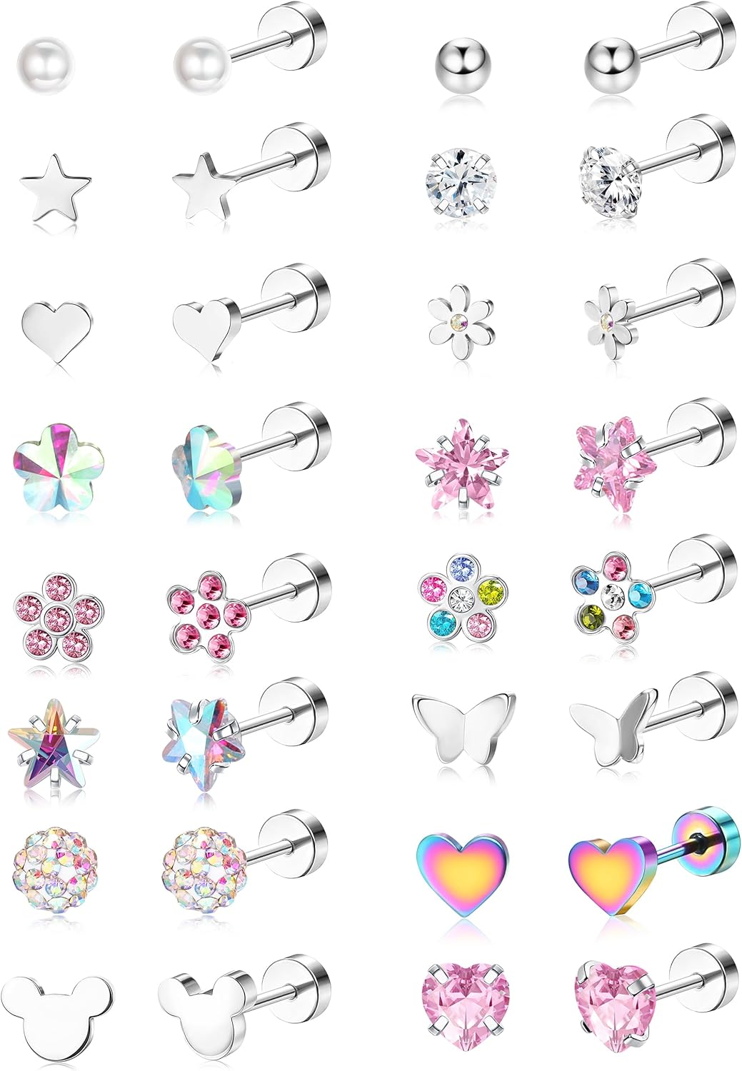 THUNARAZ 16 Pairs Hypoallergenic Screw Back Earrings for Girls Women Surgical Steel Cute CZ Heart Flower Star Butterfly Screwback Stud Earrings Set 20G