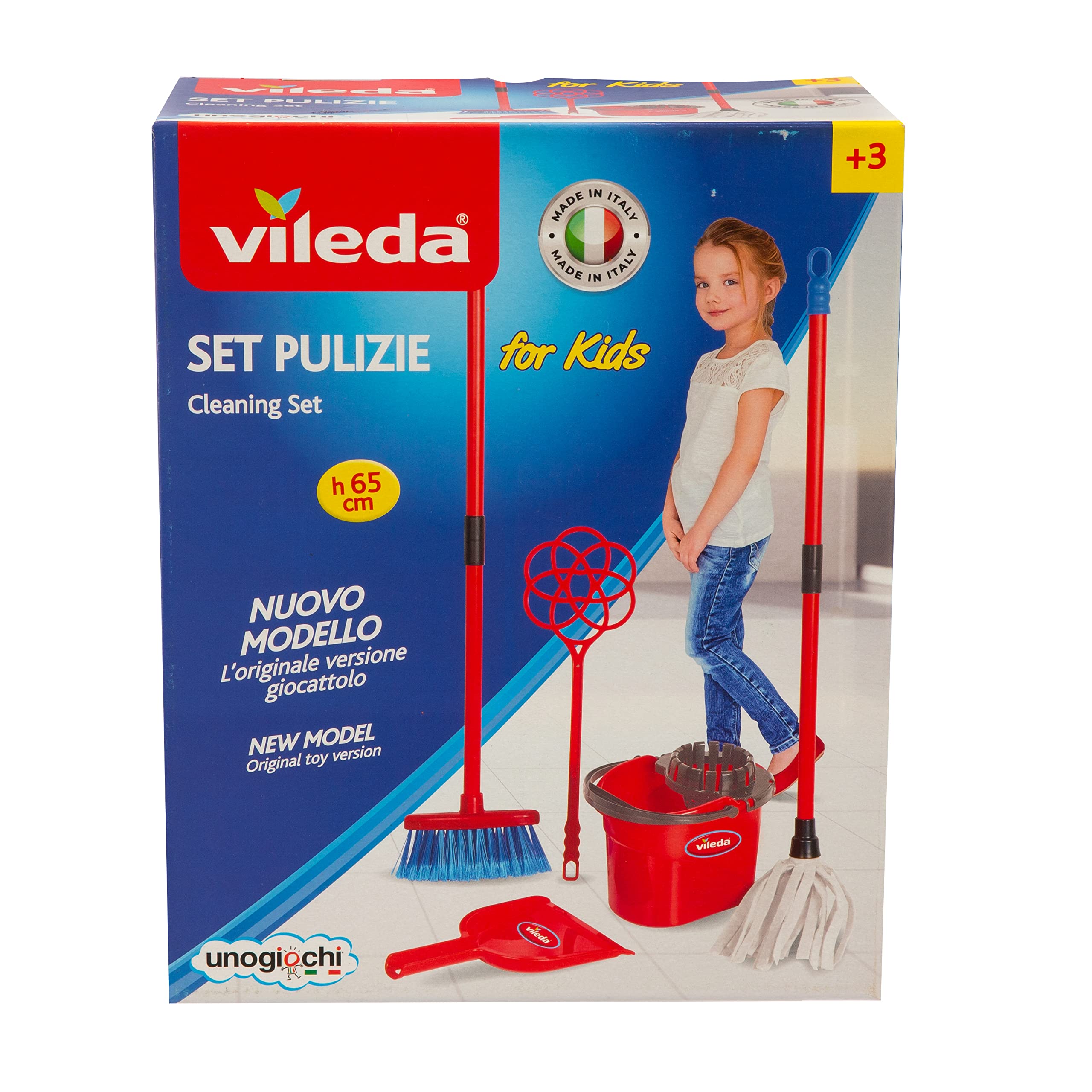 Grandi Giochi - Set Pulizia Vileda for Kids, L'Originale Versione Giocattolo con Scopa, Paletta, Battipanni, Secchio e Mocio, IAM01100