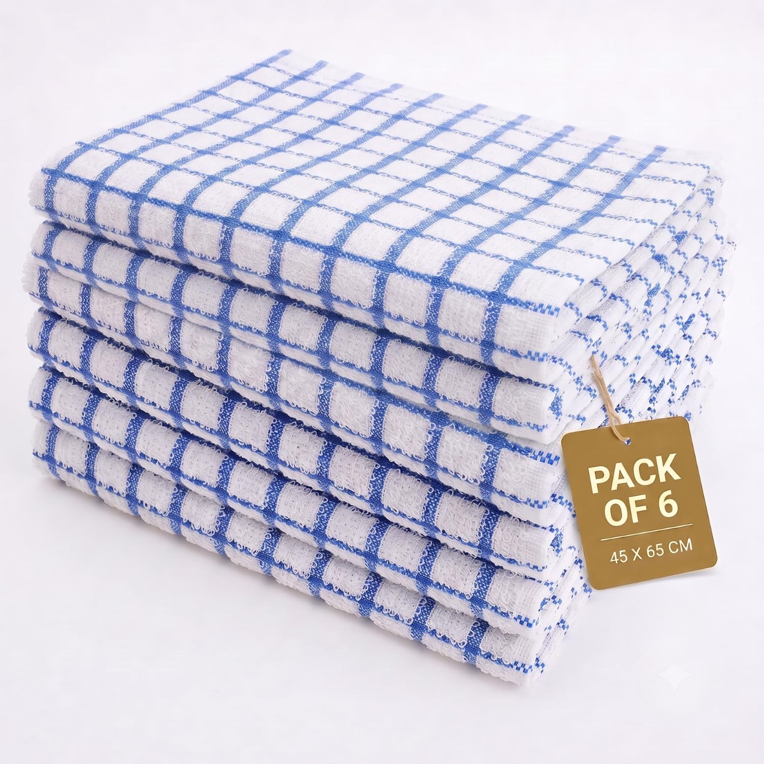 Gift Hub Kitchen Tea Towels Set, 100% Cotton Terry Cleaning Cloths | Highly Absorbent Small Check Towels for Drying Dishes & Glassware, Home Essentials | 45 x 65 cm, Blue - Pack of 6