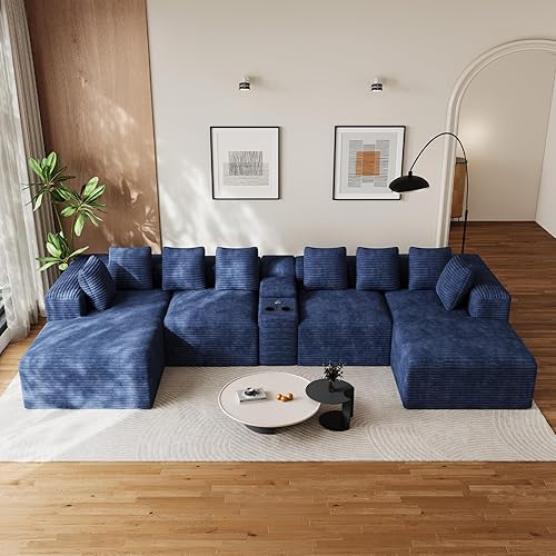 143" Oversized U Shaped Cloud Sectional Couches for Living Room, Comfy Fluffy Corduroy Blue Boneless Couch, Large Modular Sectional Sofa Set with Chaise, Cup Holder, USB Port, Storage Console