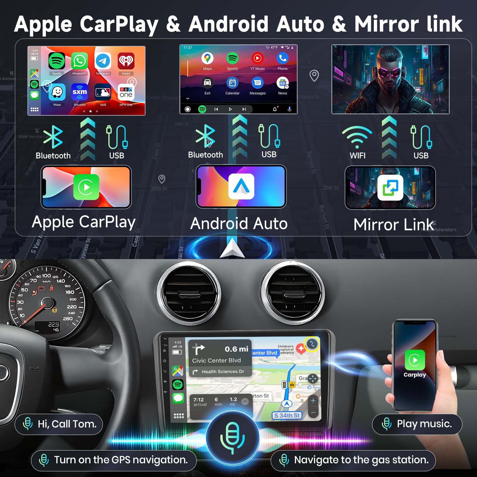 [6G+128G] 8-Core Radio para Audi A3 2003-2012/S3 2006-2012/RS3 2011-2012 Android Radio Coche con Bluetooth GPS,Hodozzy Pantalla Táctil de 9 Pulgadas con Carplay Android Auto,WiFi USB,DSP,FM/RDS Radio