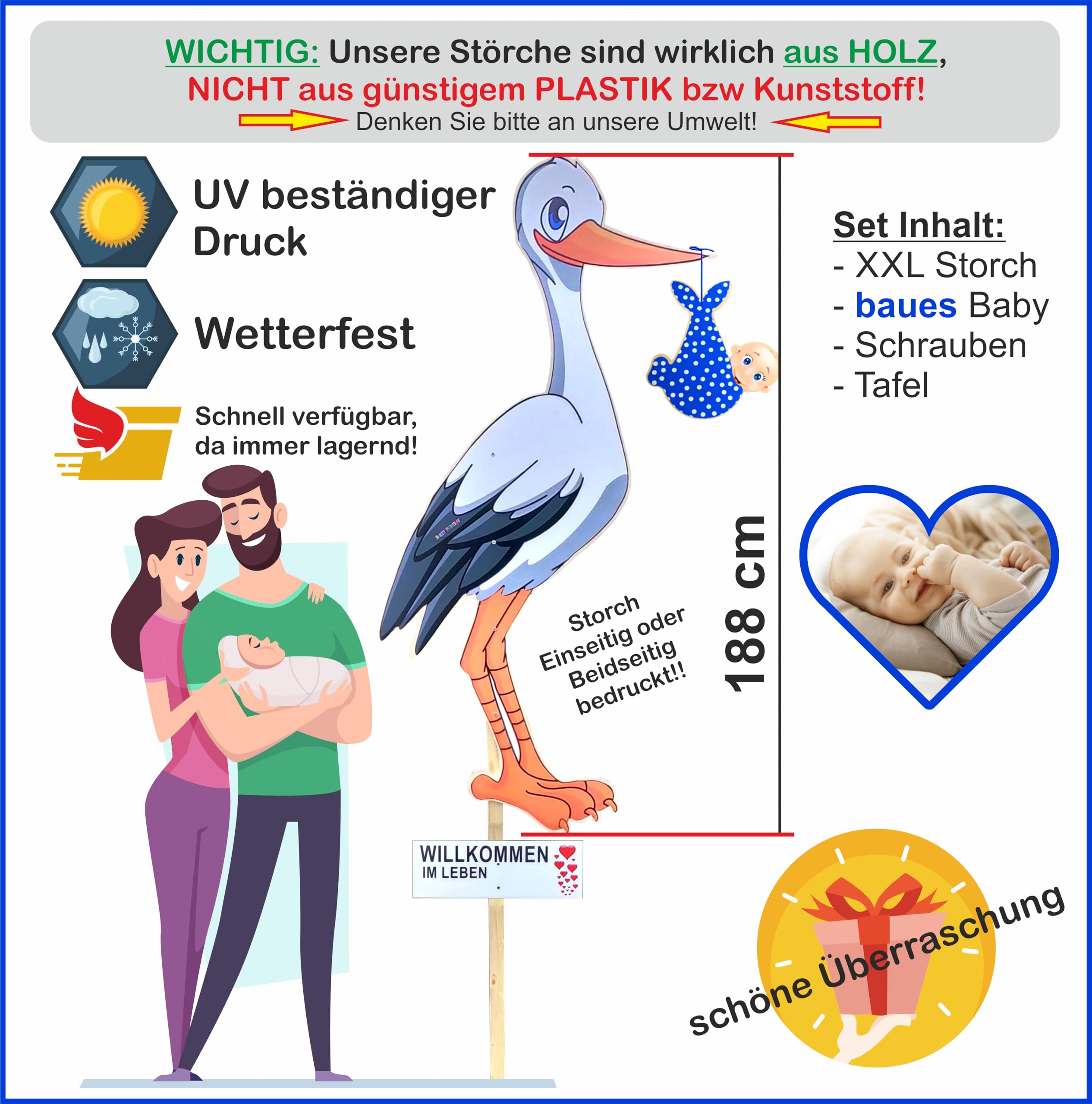 XXL SET 188 cm- Babystorch aus HOLZ für JUNGE Geburt (Druck: ZWEISEITIG*) | Inklusive Beschriftungstafel & Baby in BLAU, Klapperstorch zur Geburt, Holzstorch für draußen, Storch-Holz