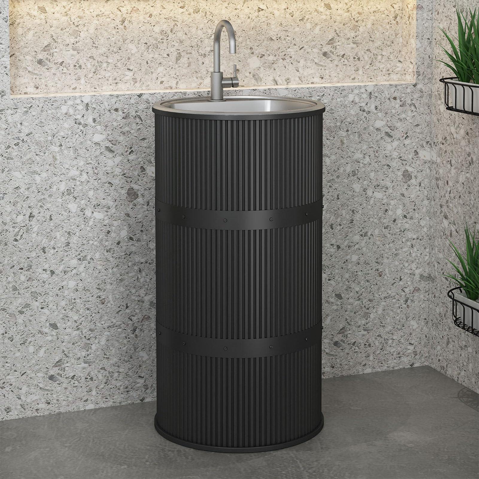 Lavandino a Colonna Moderno in Ferro Battuto, Mobile da Bagno con Lavabo in Acciaio Inox, Lavandino su Piedistallo Freestanding Set con Rubinetto e Scarico (senza contenitore,nero)