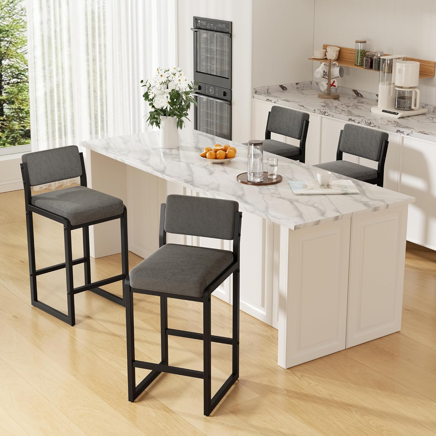 Bar Stools Set of 3, Fabric Counter Height Bar Stools with High Back and Metal Legs, Upholstered Bar Chairs, 26" Modern Barstools for Kitchen Island, Grey