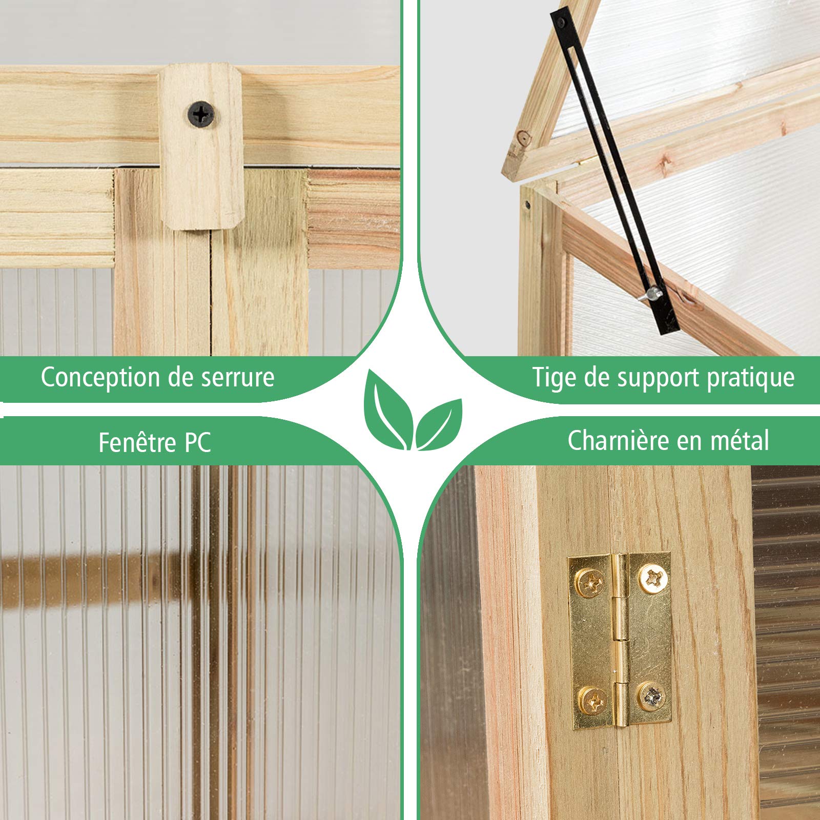 GIANTEX Serre en Bois de Sapin pour Jardin 3 Étagères, Mini Serre de Jardin pour Plantes avec Couvercle Incliné & Vitrages Transparents en Polycarbonate pour Balcon Terrasse Jardin 60x45x100 cm