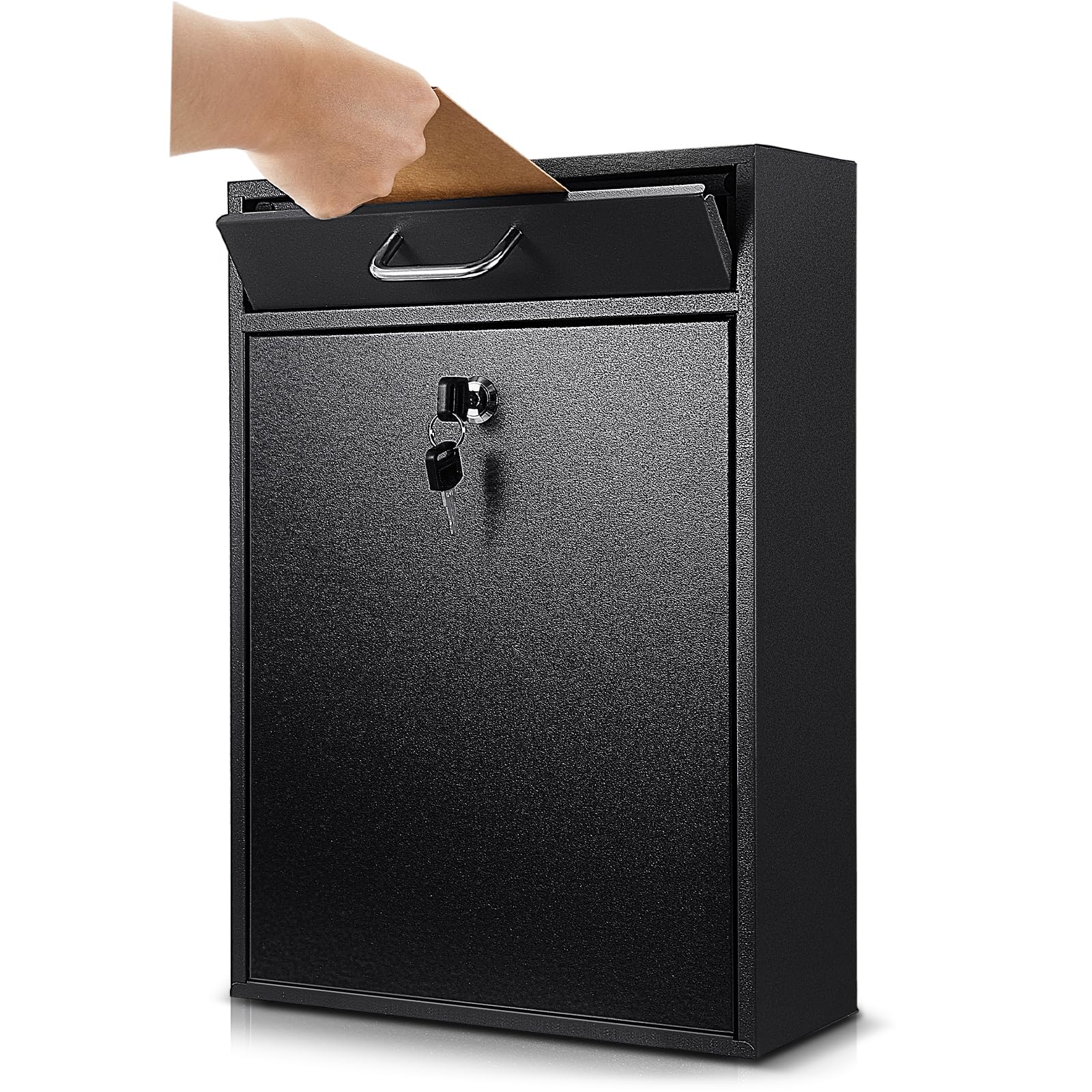 Locking Mailbox with Key for Outdoor 16.2 x 11.2 x 4.7 Inches Large Wall Mount Mail Box with Lock Security Mail Drop Metal Collection Boxes Hanging Secure Postbox(Black)
