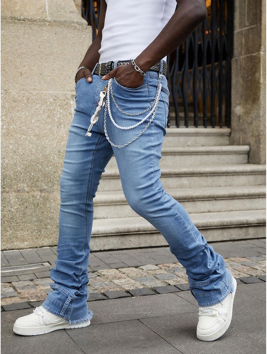 Men's Stretch Slim Fit Stacked Jeans Raw Hem Flare Bootcut Denim Pants Straight Leg Skinny Jeans Hip Hop Streetwear - Image 2