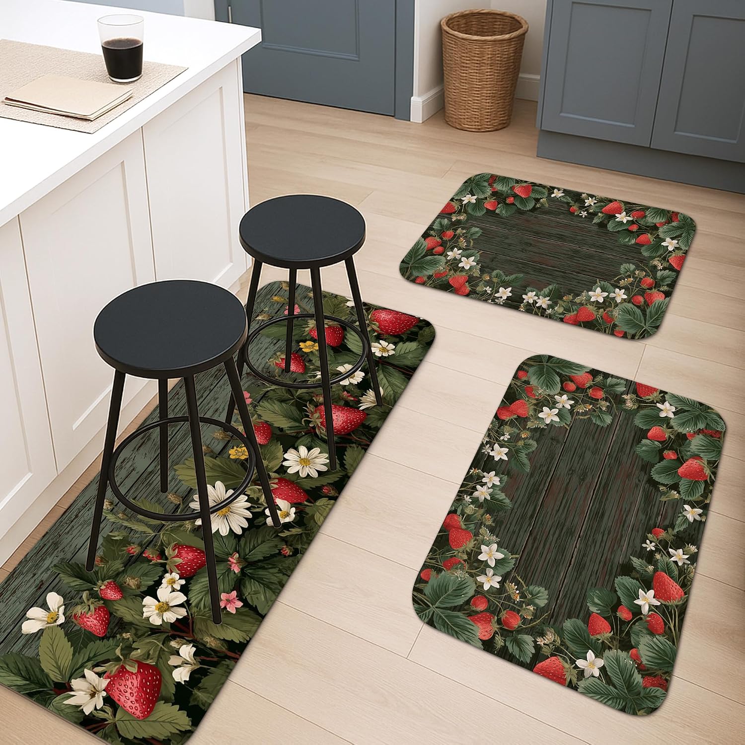Strawberry Kitchen Mats for Floor, Rustic Floral Memory Foam Mats, Cushioned Anti-Fatigue Washable Non Slip Decorative Rugs for Kitchen Sinks Laundryroom Bathroom 3Pcs