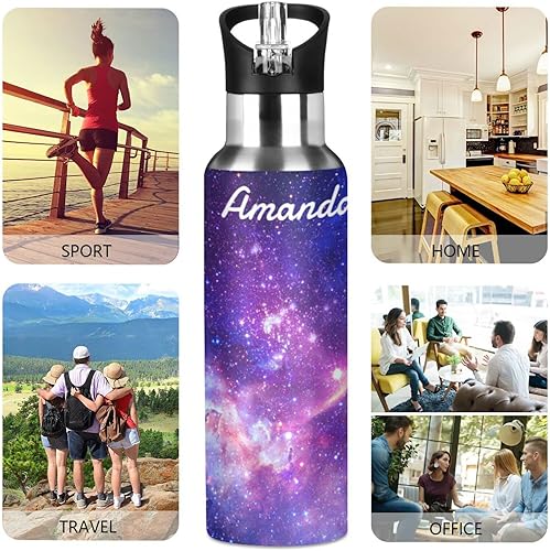 Miniatura 5 de Botella de agua personalizada Galaxy para niños, termo con nombre personalizado, botella con logotipo, morado estrellado, aislamiento de acero