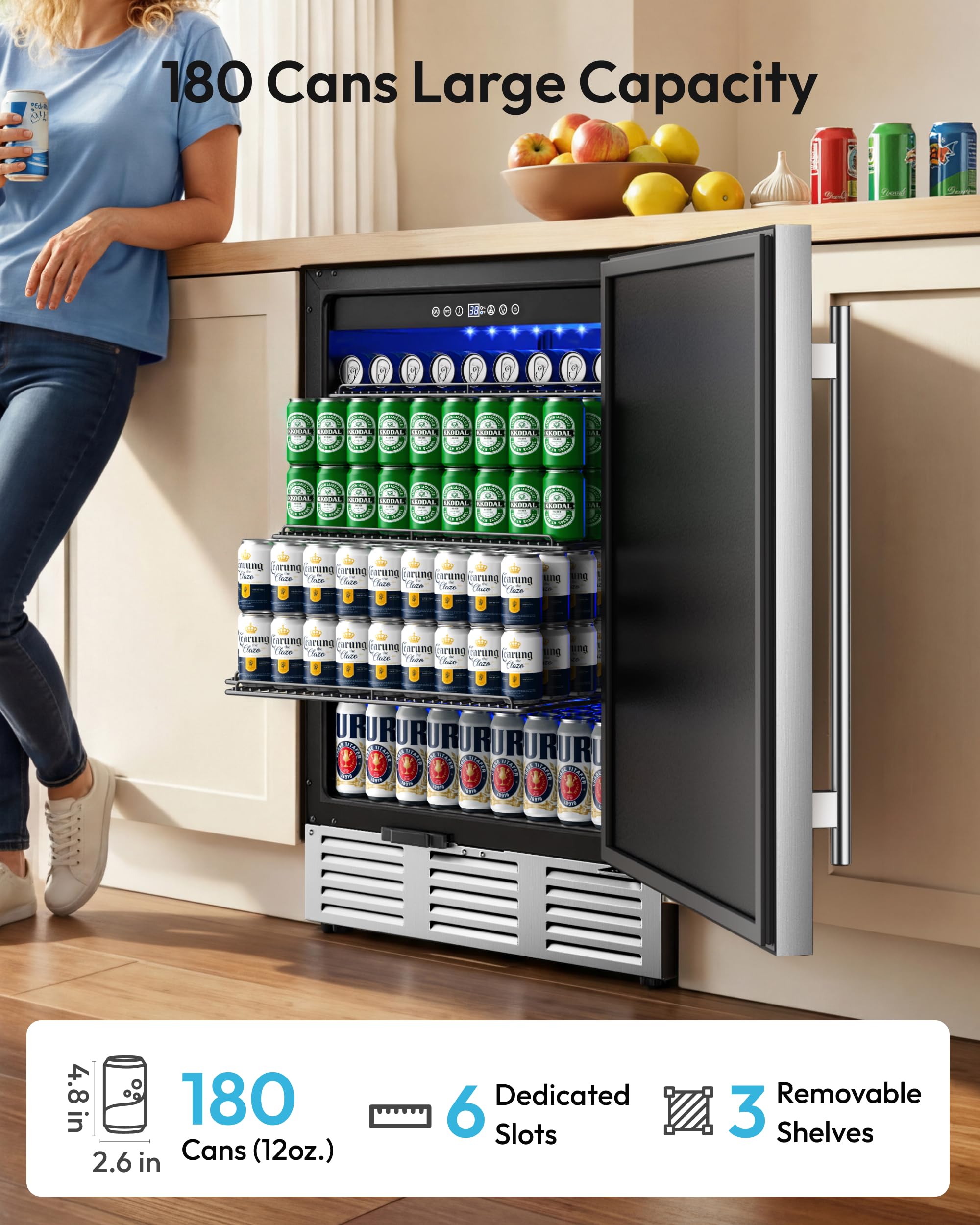 Euhomy 24 Inch Beverage Refrigerator, Undercounter Beverage Fridge 180 Can With Stainless Steel Door For Home Patio, Beverage Cooler Built-In Or Freestanding, Outdoor Refrigerator For Soda Beer Wine on Fridge.com - View 2