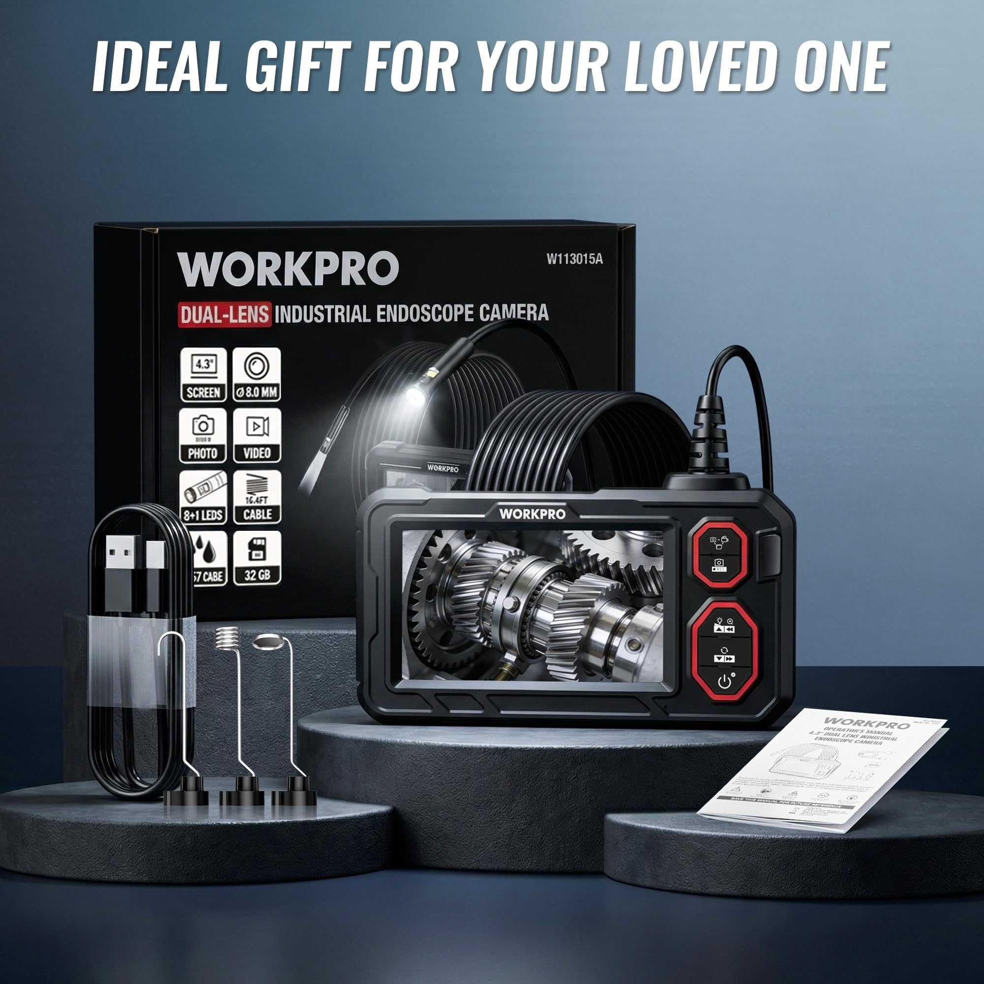 WORKPRO Cámara Endoscópica 1080P HD, Pantalla IPS 4,3", Boroscopio Digital Industrial con Tarjeta TF 32 GB, 8+1 LEDs, Cable Semirrígido 5M, IP67 para Inspección de Tuberías y Automóvil