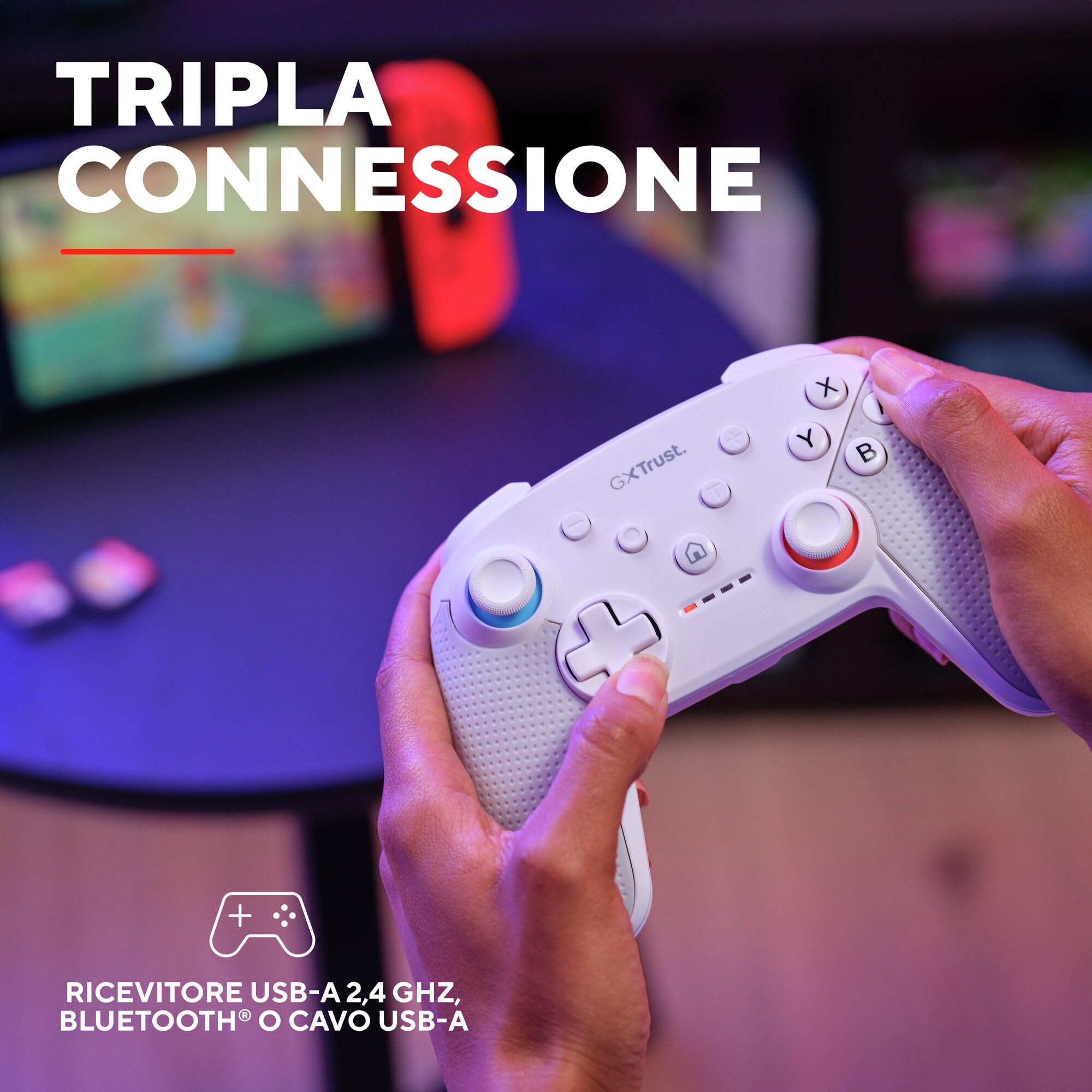 GXTrust 1246W Muta Controller Nintendo Switch Wireless con Bluetooth, Vibrazione Dual Shock, Sensore di Movimento, Pulsante Turbo, 15h di Gioco, Gamepad per Nintendo Switch, Lite, OLED, Bianco
