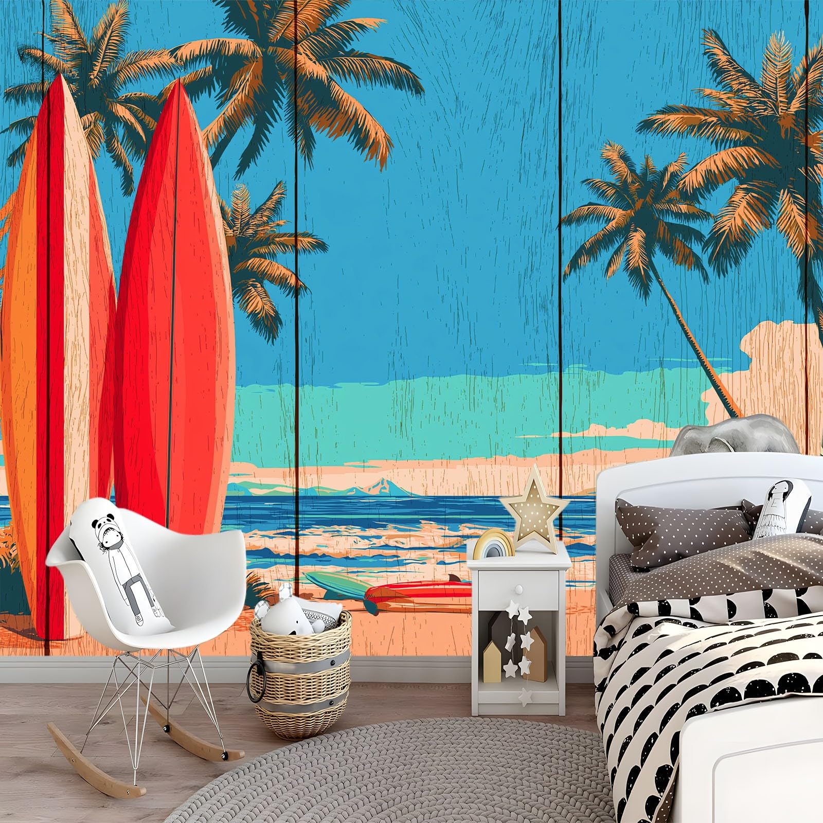 Fototapeta 3D, deska surfingowa, drzewa, niebo, plaża, 250 x 175 cm, tapeta z włókniny, tapeta ścienna, odporna na promieniowanie UV, neutralna zapachowo, niebieska