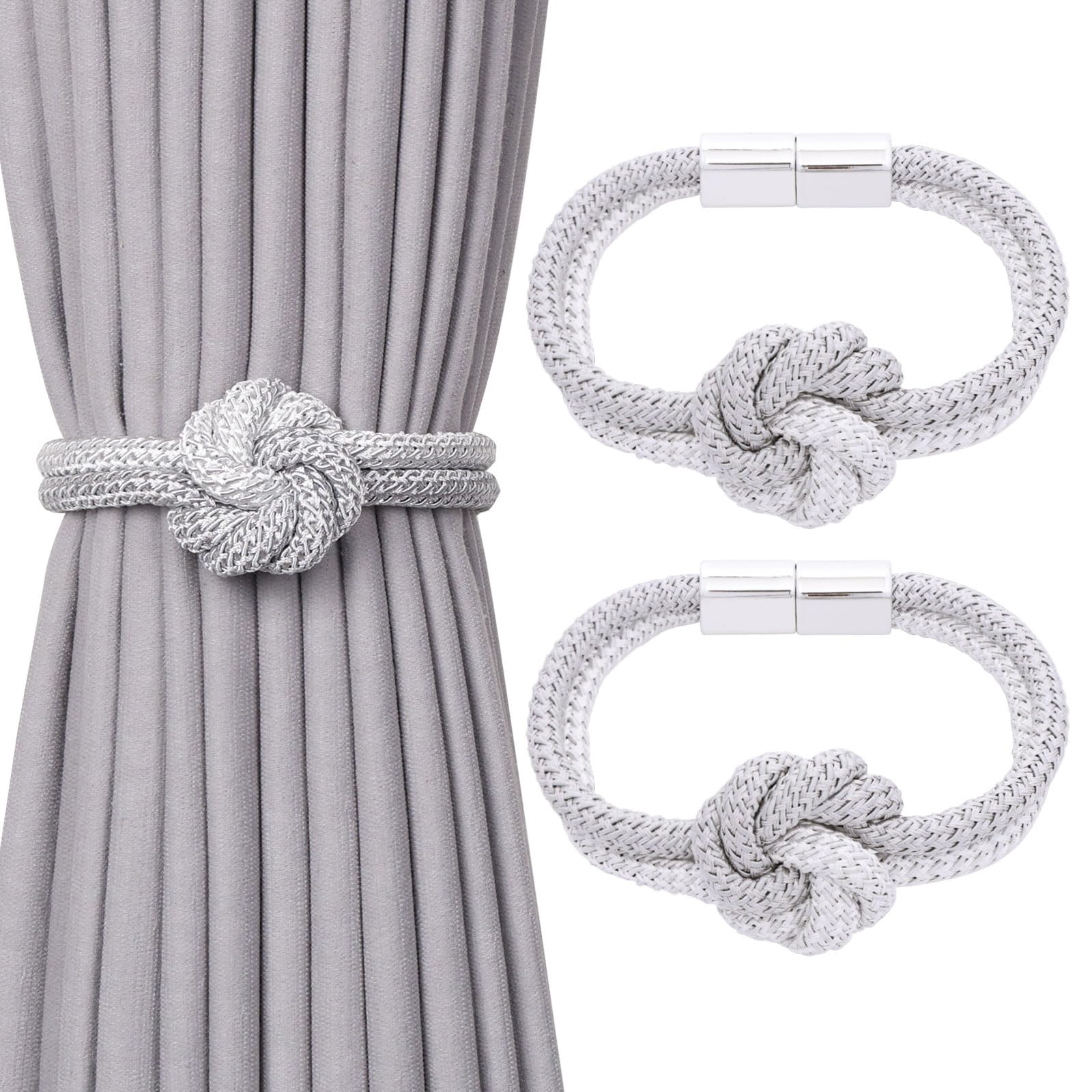Pretty Jolly 2 Pack Cute Flower Knot Magnetic Curtain Tiebacks Nordic Style Drape Tie Backs Elegant Hand Weave Rope Decorative Curtain Holdbacks for Home & Office Window Drapery (Grey & White)