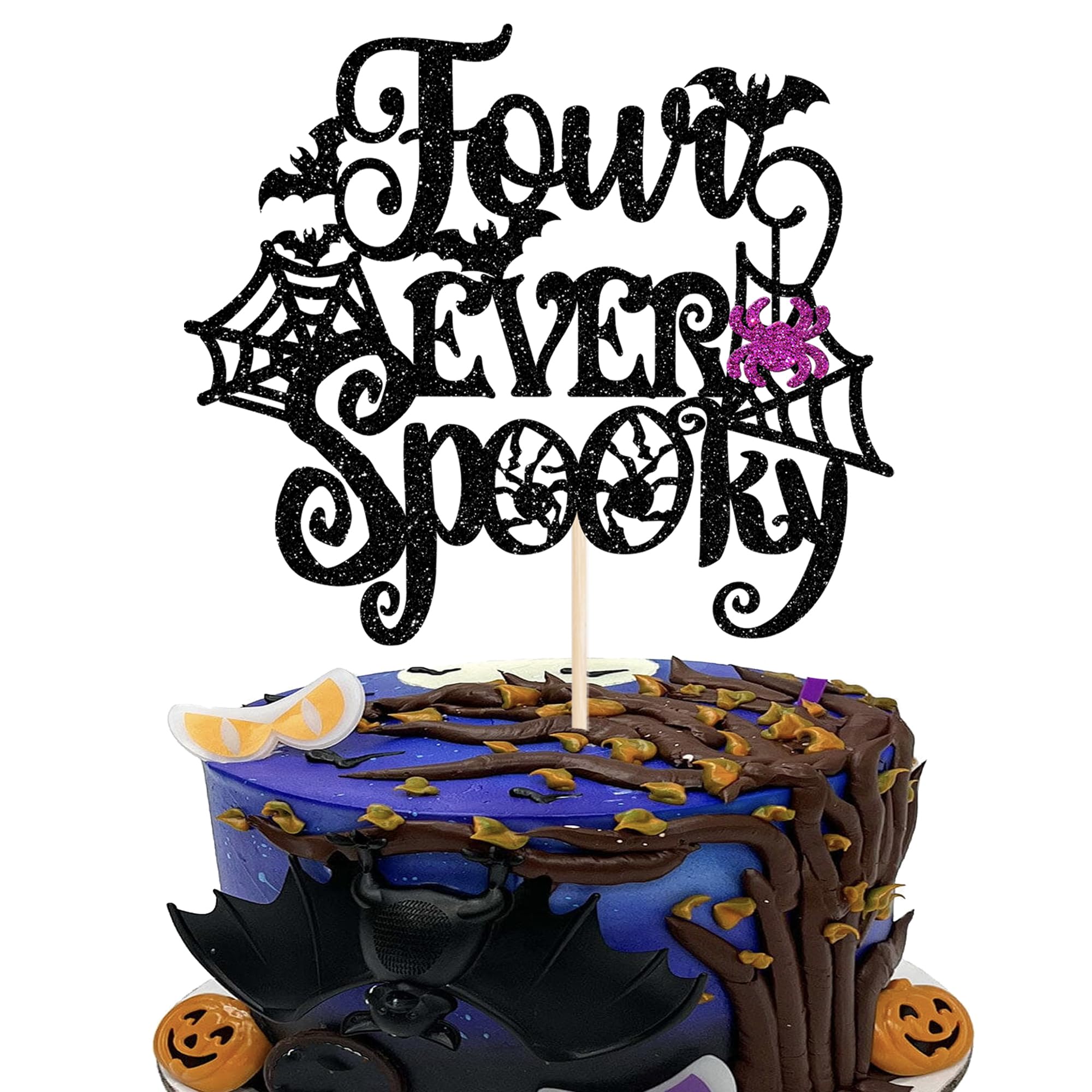 Xsstarmi 1 Pack Four Ever Spooy Cake Topper Glitter Spider Web Bat Cake Pick Horror 4th Birthday Cake Decorations for Halloween Theme Baby Shower Wedding Birthday Halloween Party Supplies Black