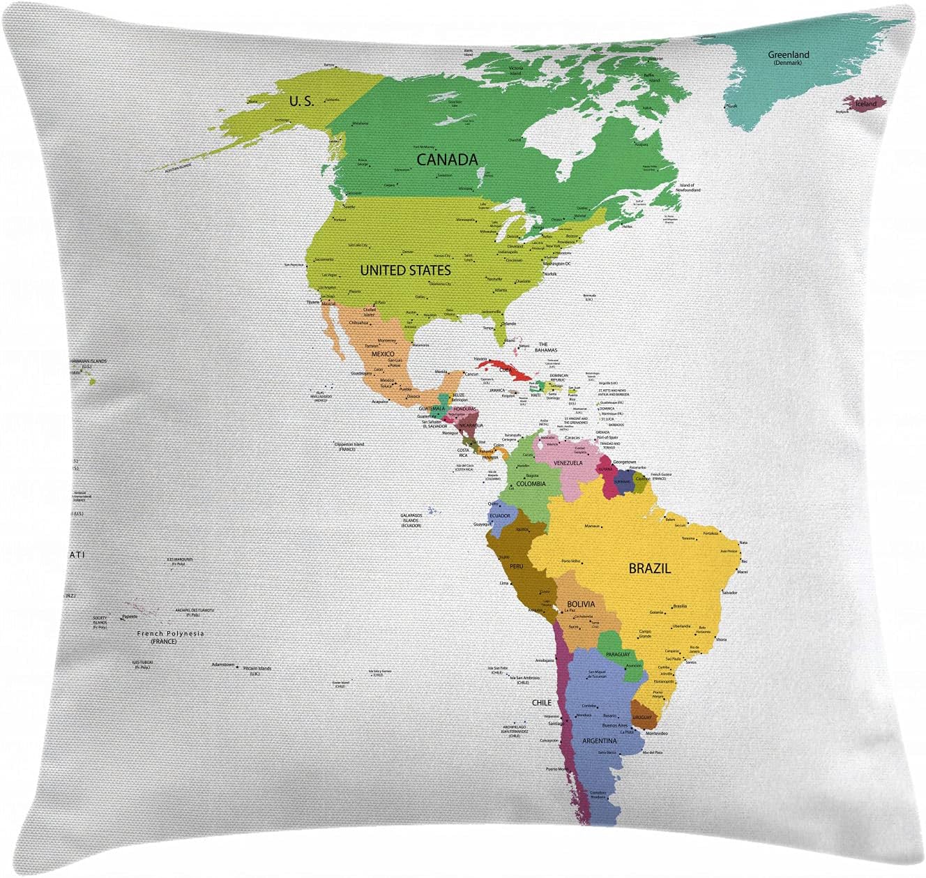 Ambesonne Map Throw Pillow Cushion Cover, Map of South and North America with Countries Capitals and Major Cities Colorful Design, Decorative Square Accent Pillow Case, 24" X 24", Green Beige