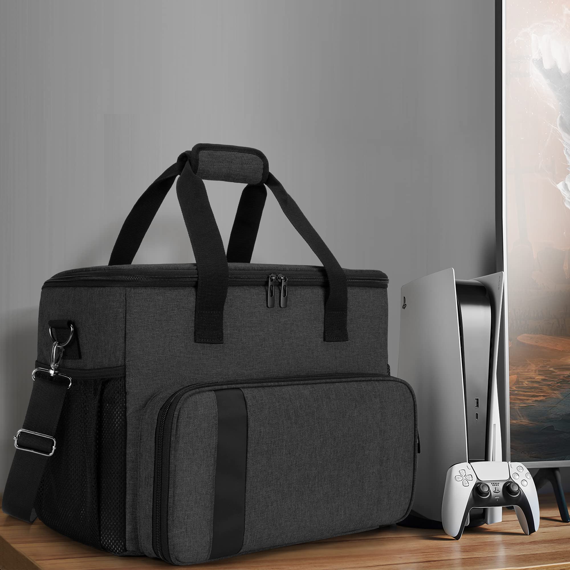 CURMIO Tragetasche für PS5, PS4, PS4 Pro, Xbox Series S, Xbox One and Xbox 360, Tragebare Aufbewahrungstasche für PlayStation Konsole, PS5 Reisetasche für Controller, Kabel (Leere Tasche), Schwarz