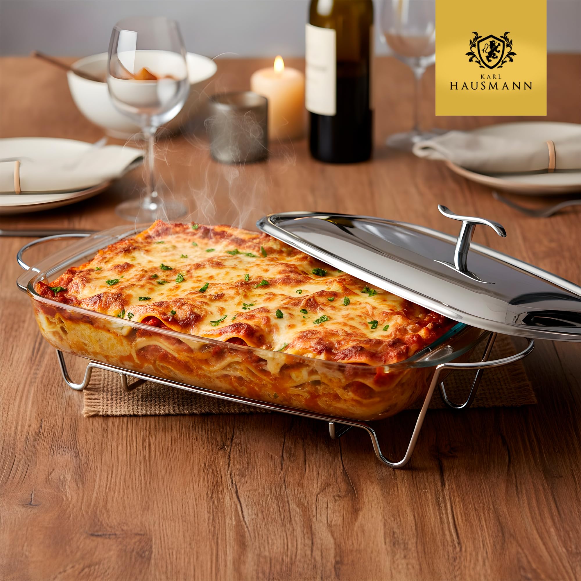 KARL HAUSMANN Pirofila con Scaldavivande 3,6L con Coperchio - Pirofila in Vetro con Supporto Riscaldante E Coperchio in Acciaio, Scaldavivande per Buffet, Forno E Servizio A Tavola