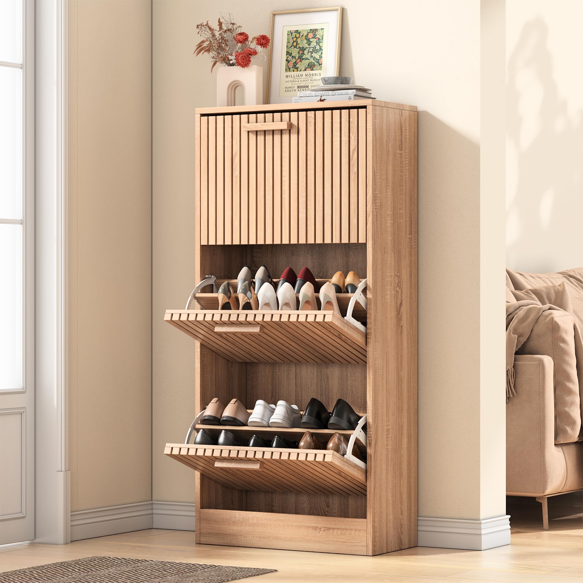 Szafka na buty rattanowe 60 x 24 x 113 cm, 3 składane drzwi, drewniana szafka na buty z 6 regulowanymi półkami, komoda na buty do przedpokoju, szafy i przedpokoju (drewno, D)