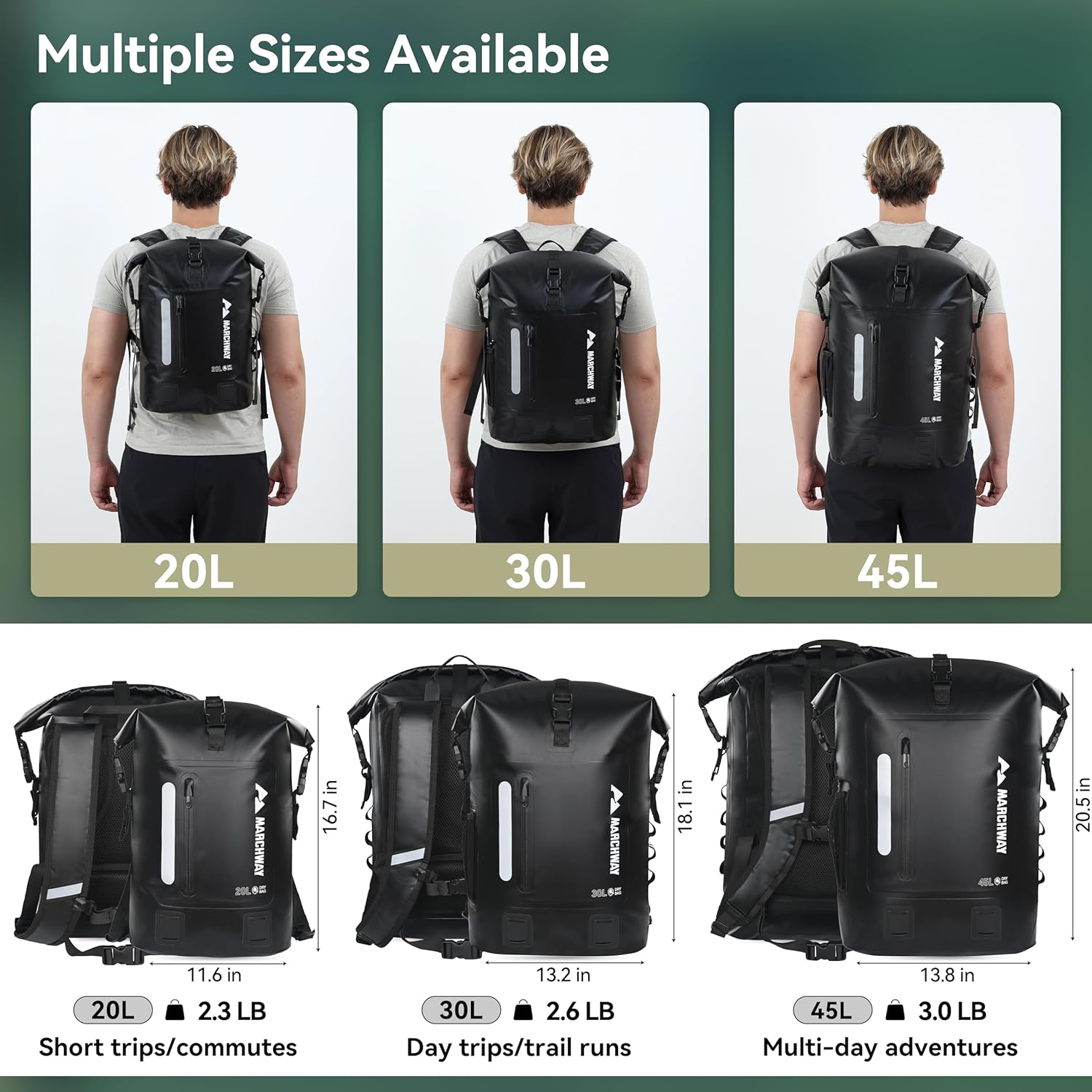 MARCHWAY Roll Top Waterproof Backpack, Floating Dry Bag 20L/30L/45L with Ergonomic Rectangular Base, Cushioned Back, Hip Strap for Hiking Camping Kayaking Travel (Black, 45L)