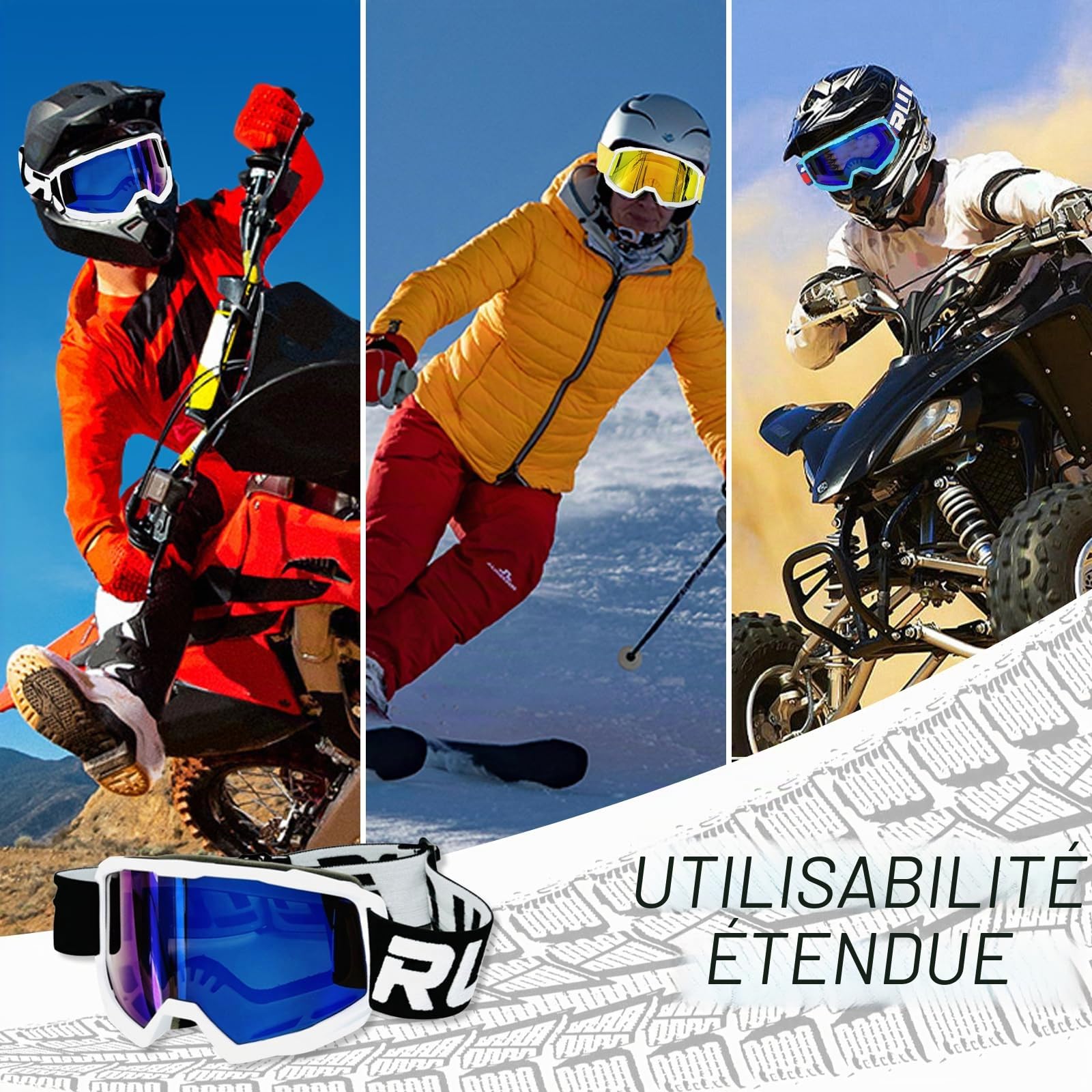Lunette Moto Cross,Masque Moto,Lunettes Moto Anti-UV pour Conduite,Ski,Vol Libre,Compatibles avec les Casques Intégraux,Modulables et Autres Types de Casques