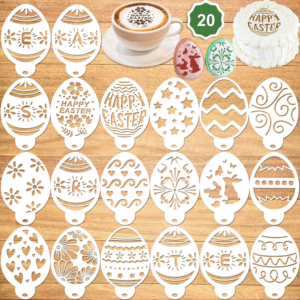 Konsait 20Pack Easter Cake Stencil Templates Decoration, Reusable Easter Eggs
