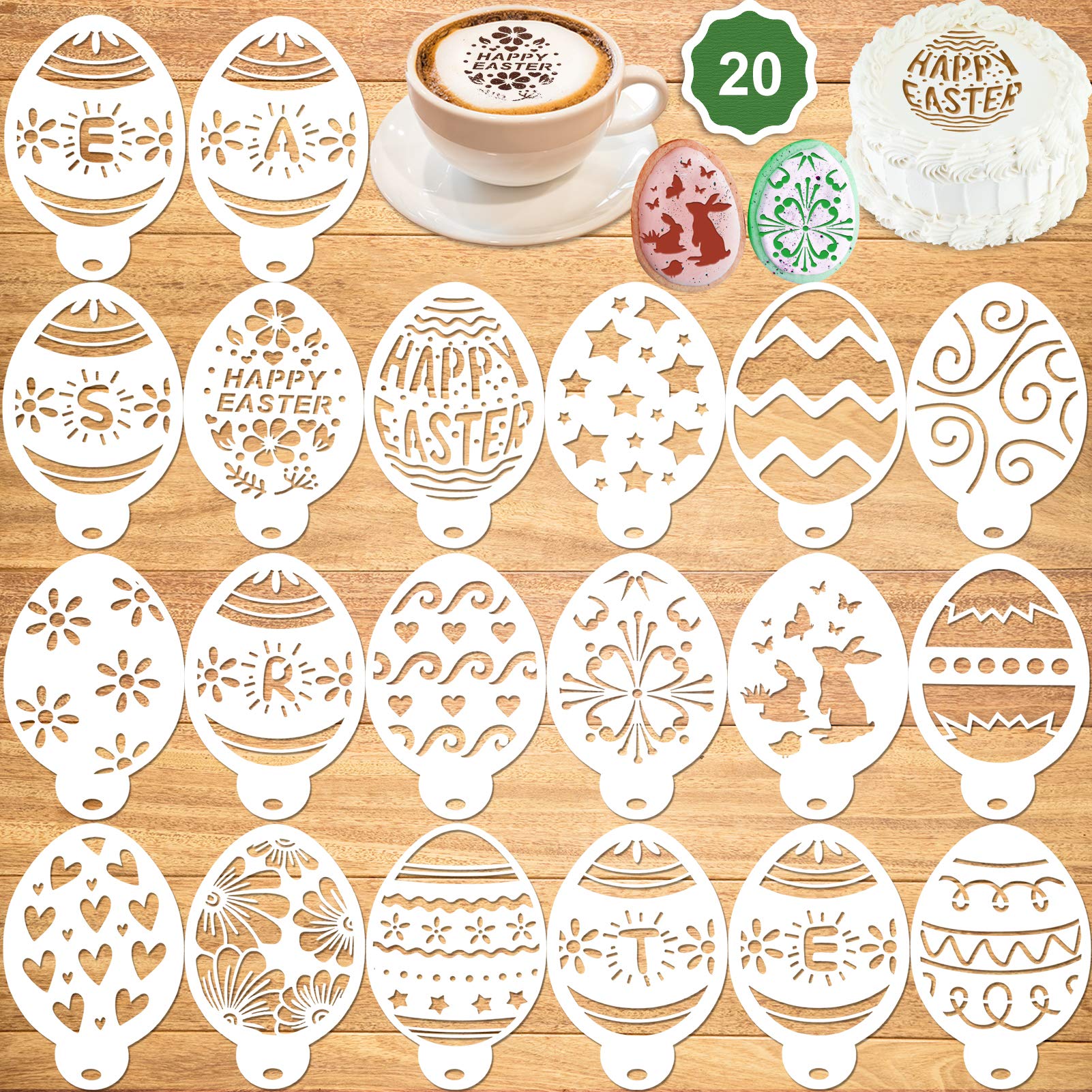 Konsait 20Pack Easter Cake Stencil Templates Decoration, Reusable Easter Eggs Bunny Cake Cookies Fondant Baking Painting Mold Tools, Dessert, Coffee Decorating Molds Cappuccino Mousse Hot Chocolate