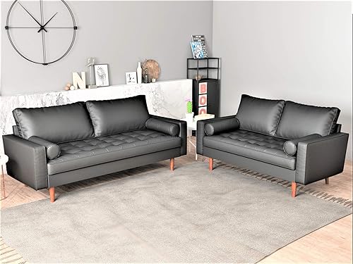 Miniatura 12 de Womble - Sofá moderno de mediados de siglo con almohadas de refuerzo, asiento tapizado de piel sintética, diseño retro versátil para espacios de