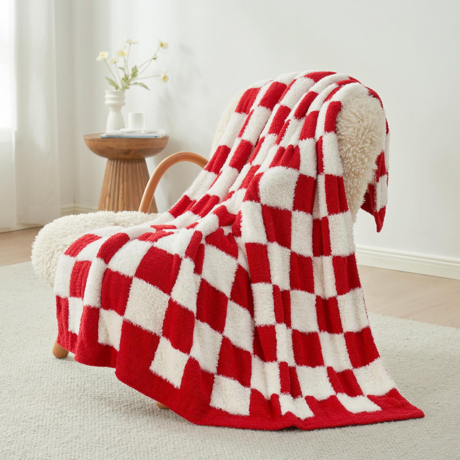 Snuggle Sac Red Checkered Valentine Blanket, Fluffy Faux Fur Ultra Soft Warm Microfiber Throw Blankets for Couch, Sofa, Chair, Bed, Red Checker, 50x60