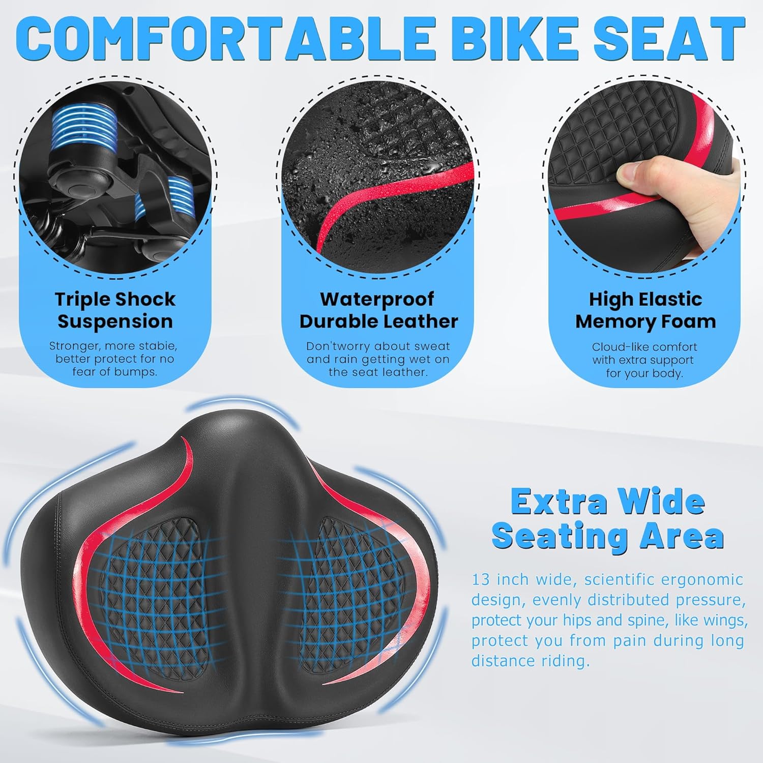 CDYWD New Noseless Bike Seat for Men Women Comfort, Extra Wide Soft Padded Bicycle Seat, Large Comfortable Bike Saddle for Peloton, Stationary Exercise Bike, Ebike, Scooter, Beach Cruiser, City Bike