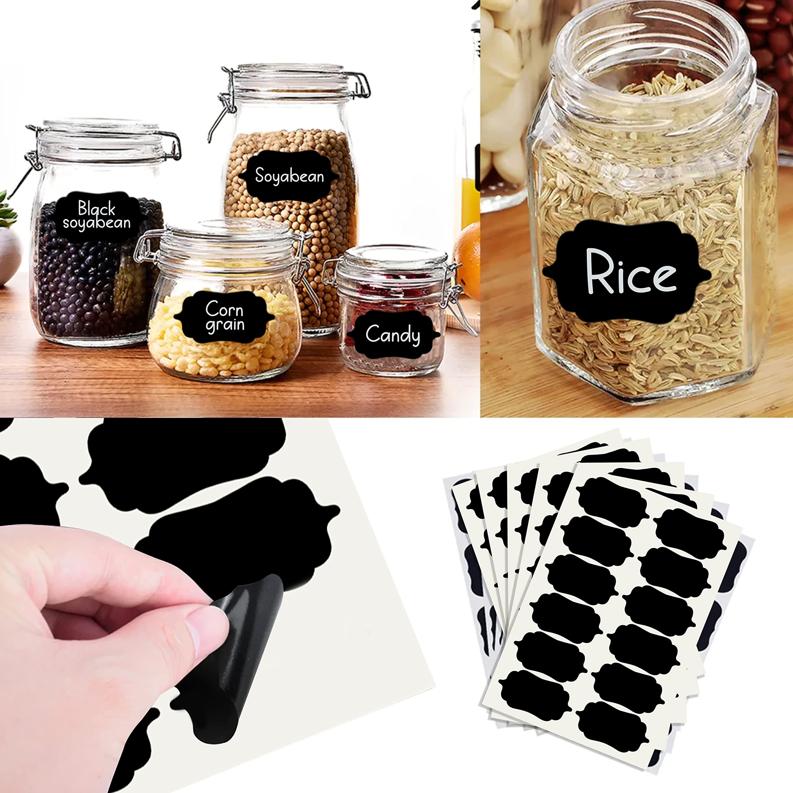 Clickedin 84 Pc Vinyl Black Stickers for Mason Jars Glass Bottles, Decals Craft, Kitchen Waterproof Jar Labels Stickers with Pencil (12 Same Shapes 2.5 Inch x 1.25 Inch)