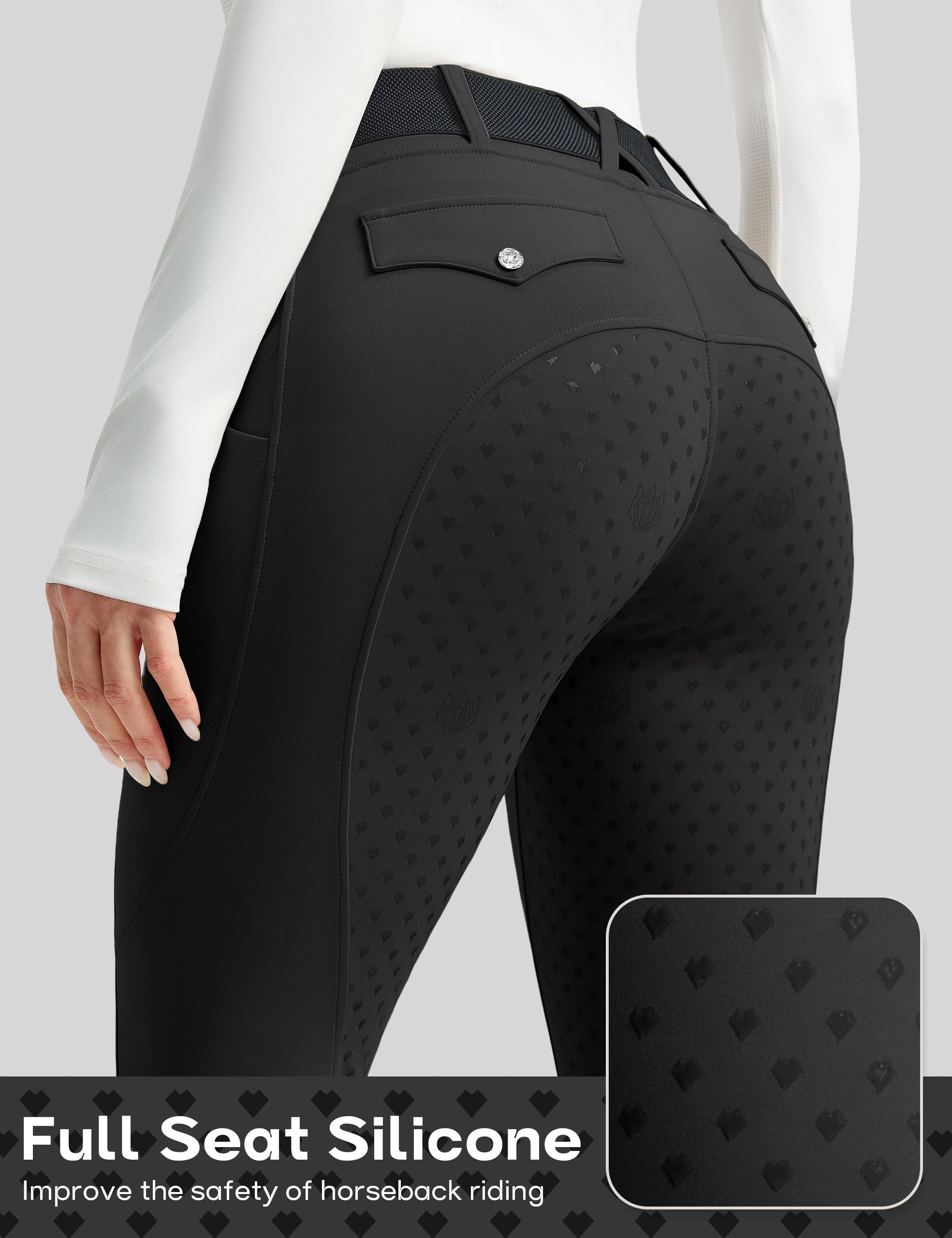 FitsT4 Sports Pantalones de equitación para mujer, de silicona, elásticos, con 3 bolsillos laterales y trabillas para cinturón, Negro , S