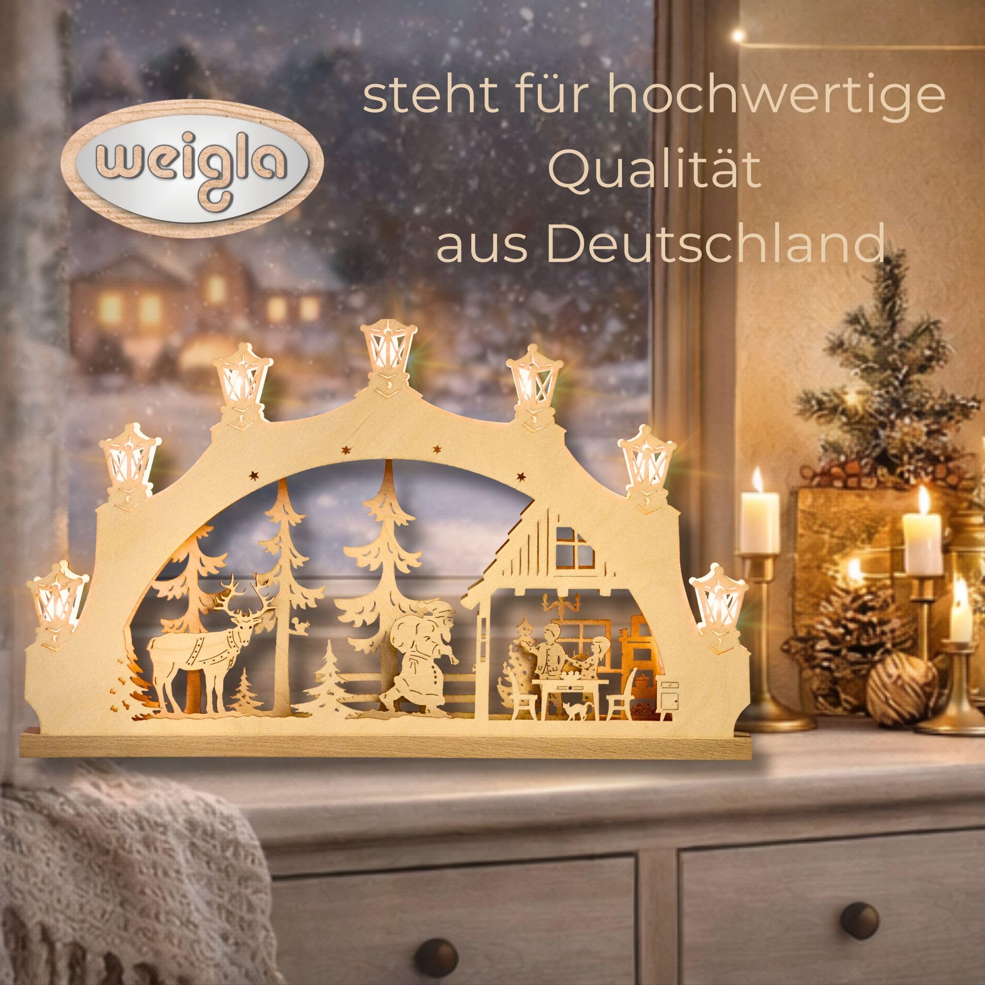 weigla - Schwibbogen original Erzgebirge I LED Lichterbogen Weihnachten I Motiv Weihnachtsabend I 7 Lampenkerzen + 1 Ersatzlampe I 7 x 34 V, 0,2 W, E10 I beleuchtete Weihnachtsdeko