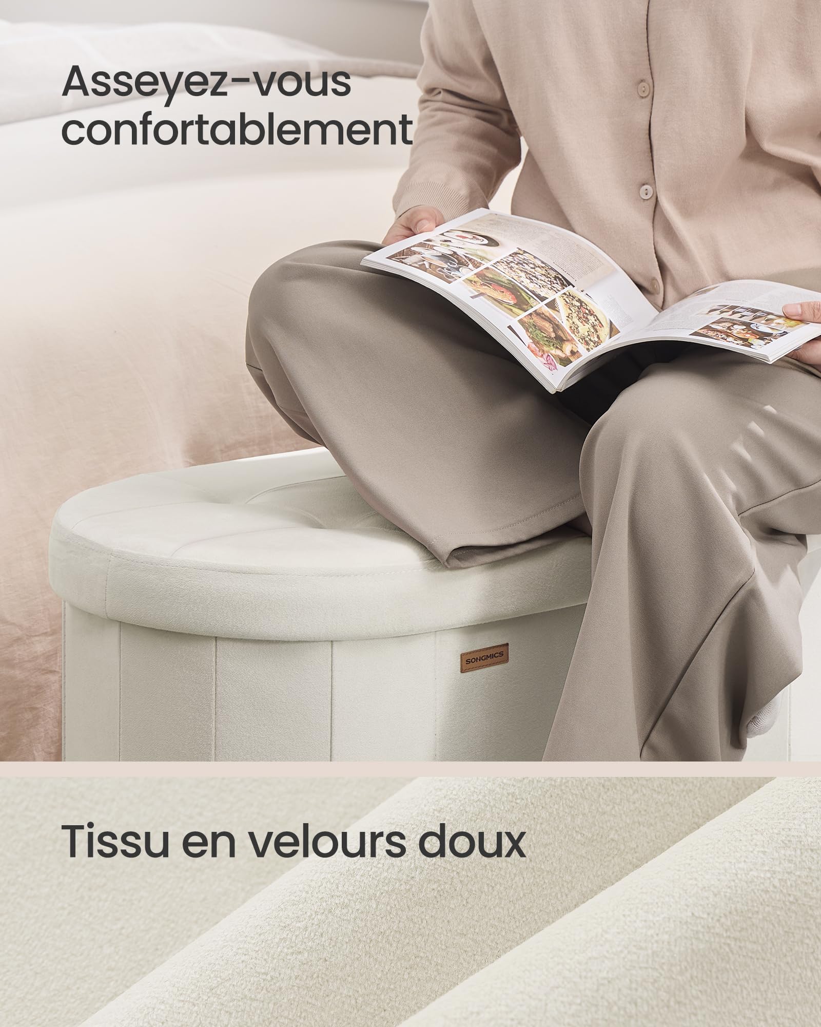 SONGMICS Banc de Rangement, Coffre, Repose-Pieds Pliable, Montage Facile, pour Salon, Entrée, Chambre, Tissu Velours, Capacité 110 L, 38 x 110 x 38 cm, Blanc Crème LSF297LH01