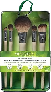 EcoTools Juego de brochas de maquillaje para sombra de ojos, base, rubor y corrector con estuche de almacenamiento adicion...