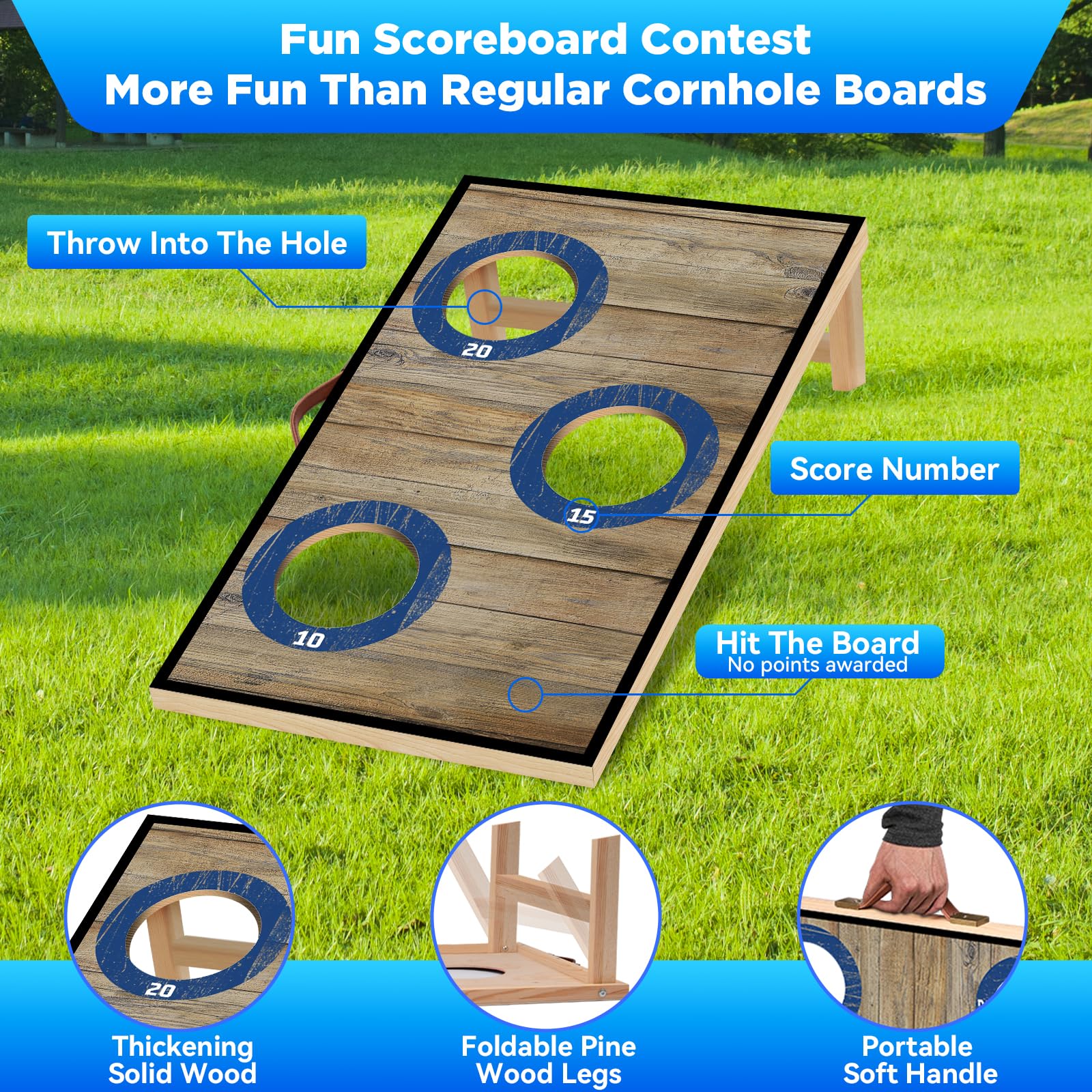 NZQXJXZ Juego de Cornhole, 60 x 35 cm Tableros de Madera Maciza Premium | con Agujeros de maíz con 6 Bolsas de Frijoles y una Bolsa de Transporte, Juego de Lanzamiento de maíz para Familia y Adultos