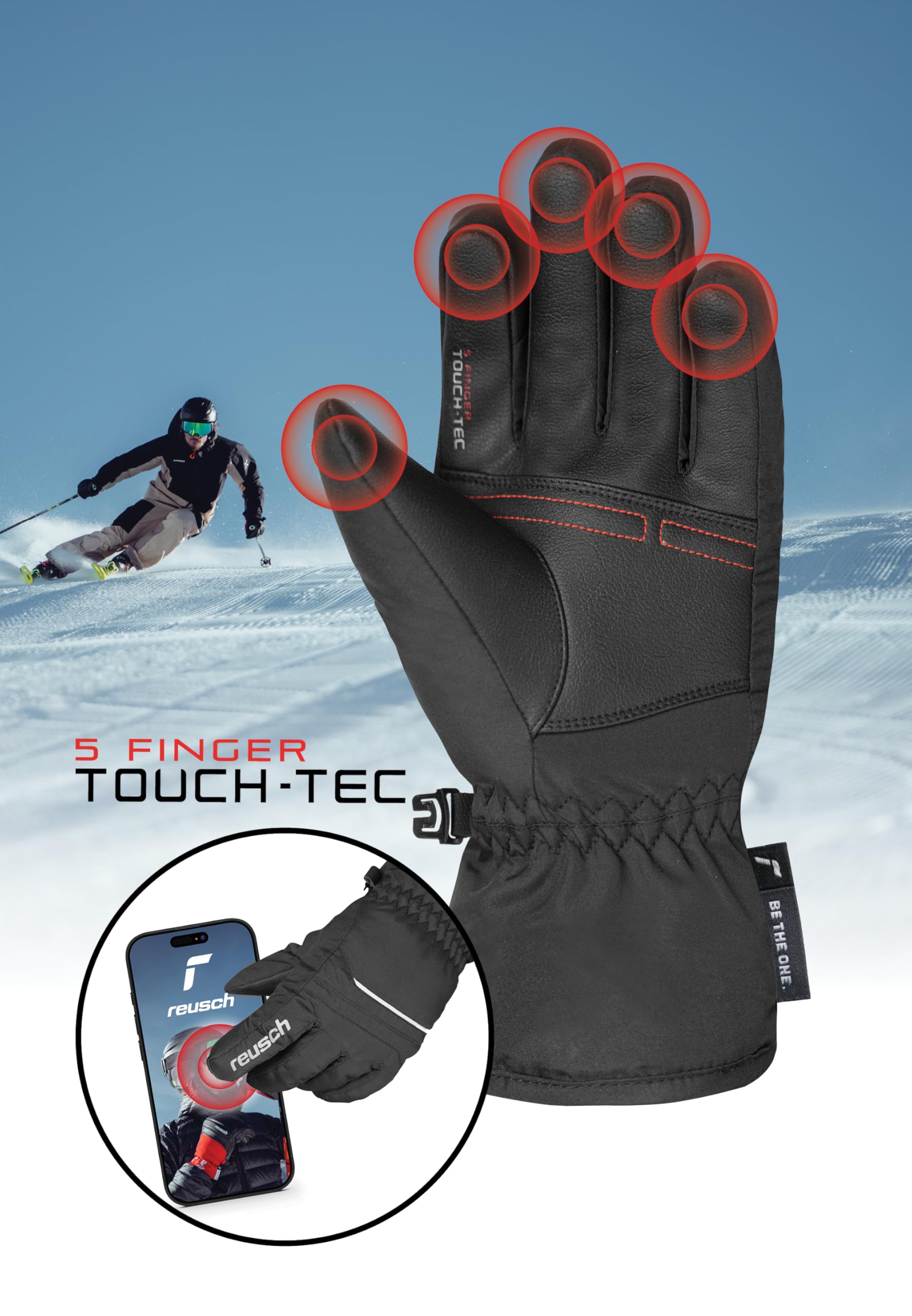 Reusch Gants d'hiver Adultes | Chauds |compatibles avec Les écrans tactiles | Gants de ski imperméables et respirants, pour les loisirs et les sports d'hiver, Tailles 7-11, Winter Glove All Finger Touch