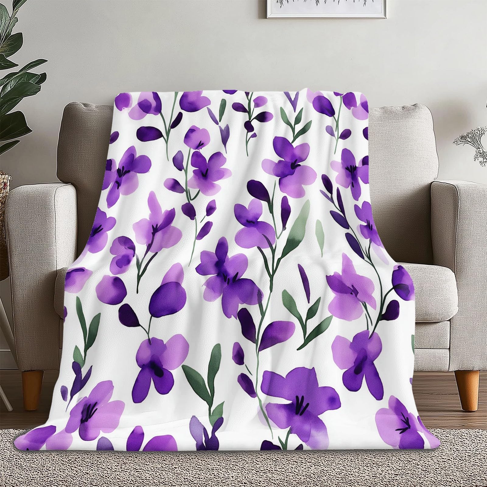 Manta con Estampado Versátil Acuarela Lavanda Flores Manta De Forro Polar De Franela Suave para Silla, Oficina, Habitación, Manta De Sherpa 220 x 240 cm para Adultos Y Niños Púrpura Blanco