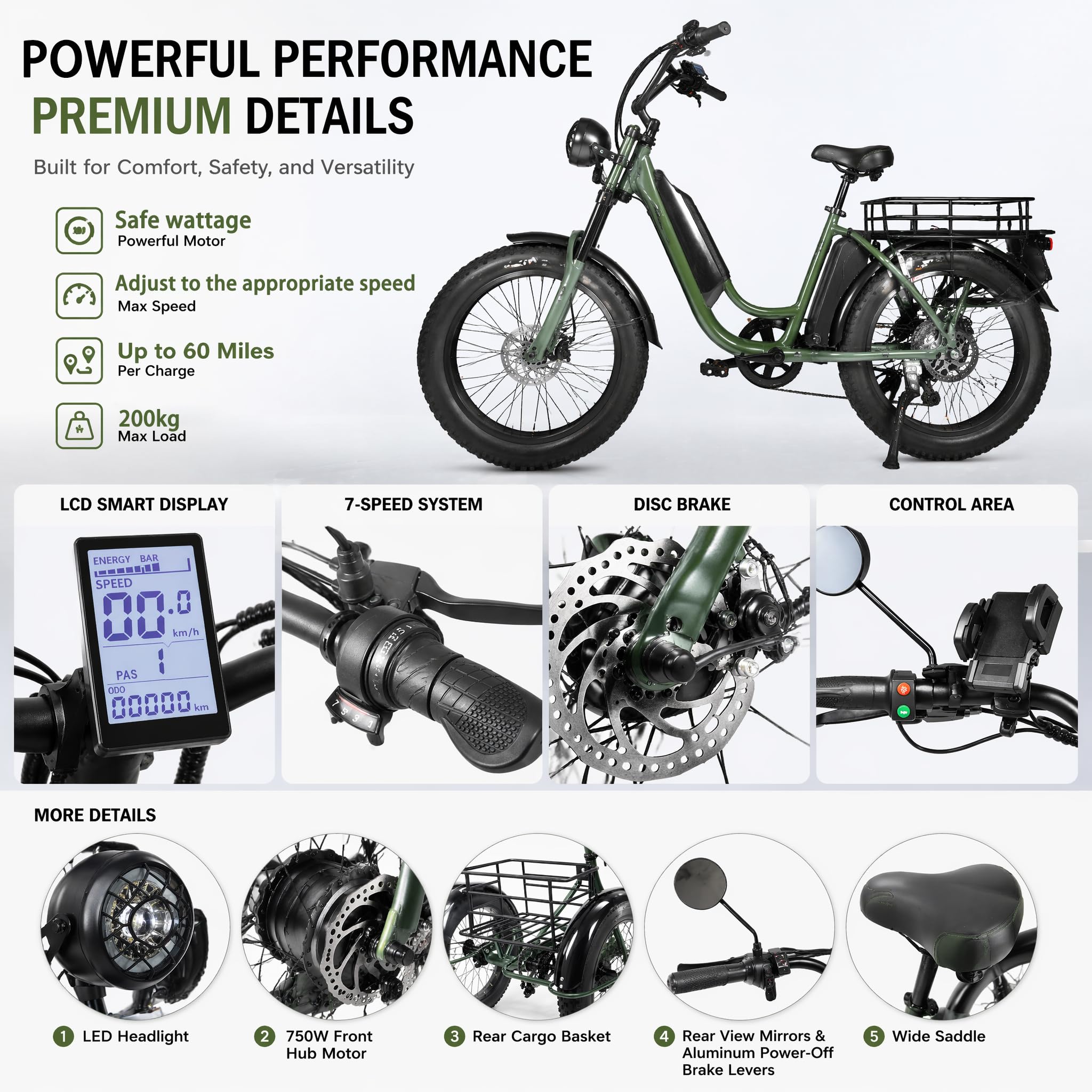 3 Rad Elektrofahrrad Erwachsene 24 Zoll Fettreifen 7 Gang Motorisiertes Dreirad mit Heckkorb Lange Strecke E-Trike Senior Herren Damen Pendler Einkaufen Outdoor Freizeit Nutzung Green