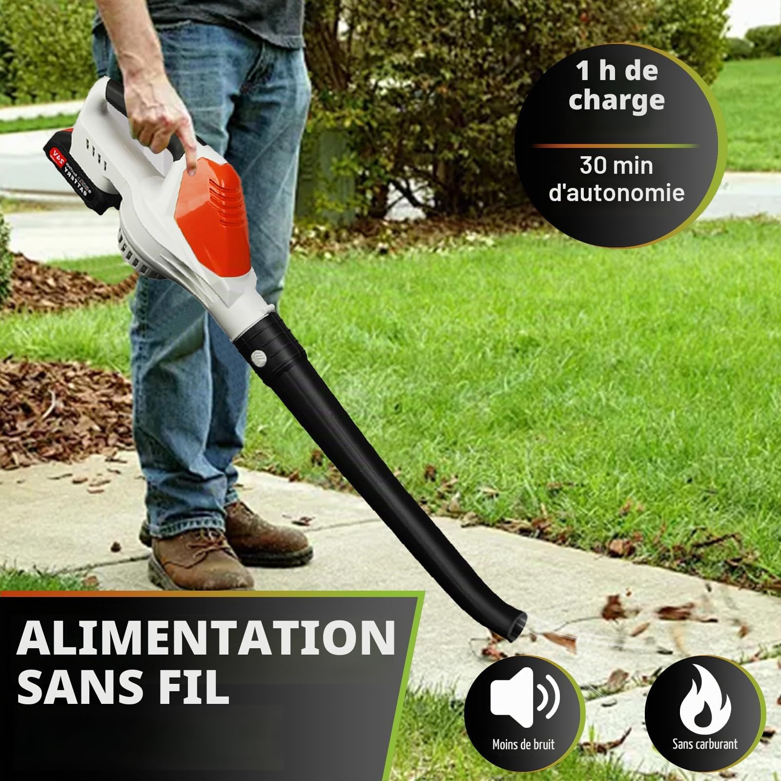 Souffleur à feuilles sans fil 24 V avec batterie et chargeur, souffleur électrique pour l'entretien de la pelouse, souffleur à feuilles à piles, souffleur sans fil, léger, pour toutes les saisons