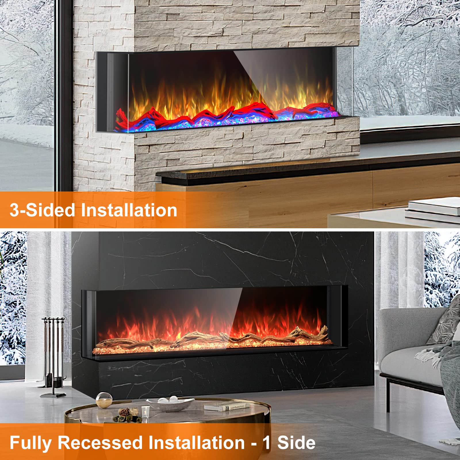 Amazon.com: Cosmopolitan Fireplaces Phoenix Omnivue Series 68 inch 3 Sided  Electric Fireplace Insert, Smart Wi-Fi Wall Mount/Built-in Fireplaces, 251  Realistic Flames, Low Noise 3000/1500Watt Fireplace Heater : Home u0026 Kitchen