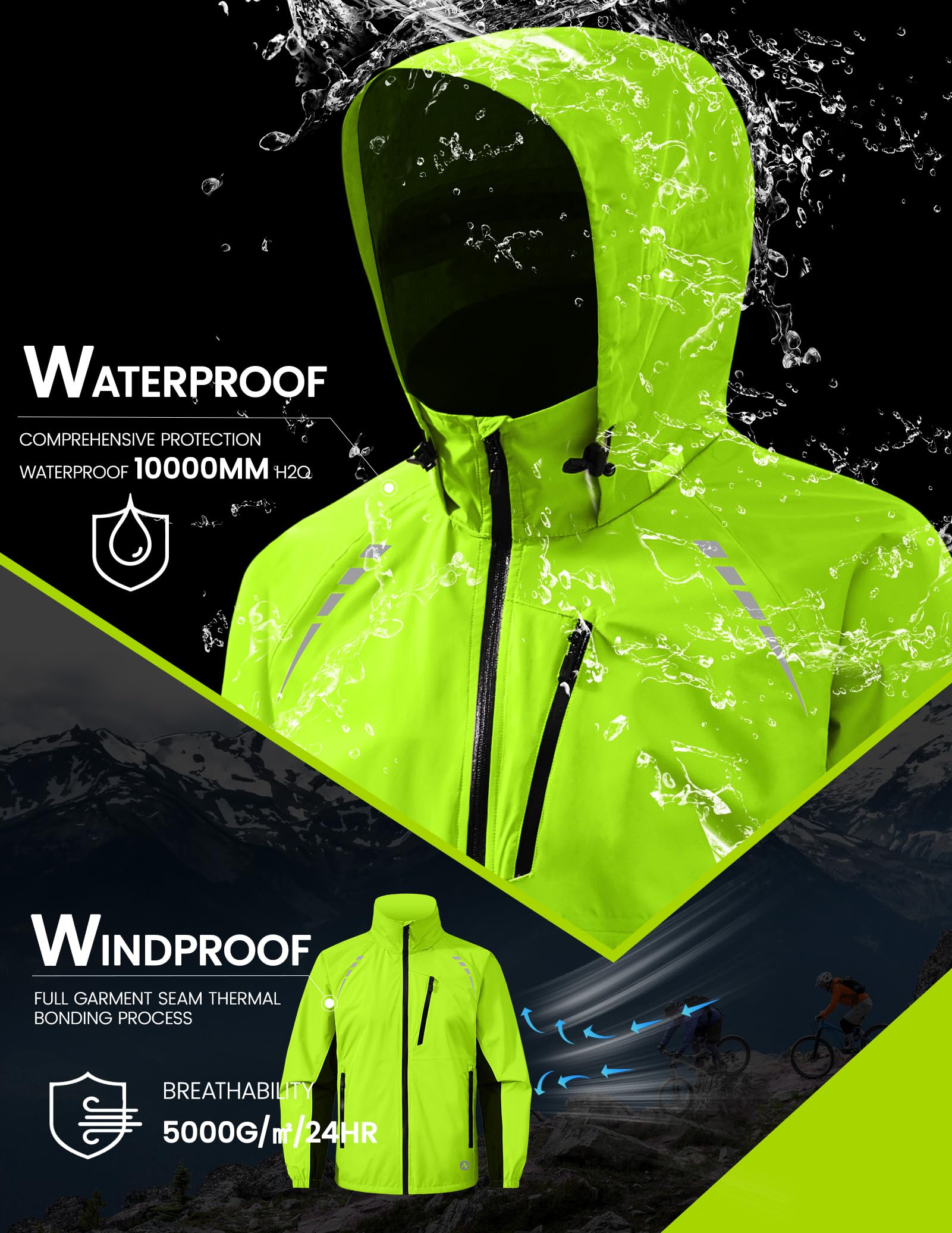 Nepest Veste de cyclisme imperméable homme 10K H2O respirabilité 5K 6 poches Réfléchissante UPF50+ coupe-vent VTT course randonnée