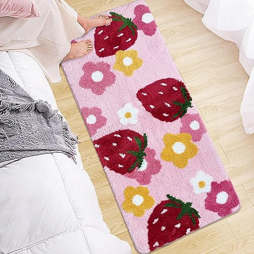 Miniatura 3 de Alfombra de baño de 4 pies, alfombra de baño con flores, alfombra rosa para mesita de noche, bonito tapete de fresa para habitación de los niños,