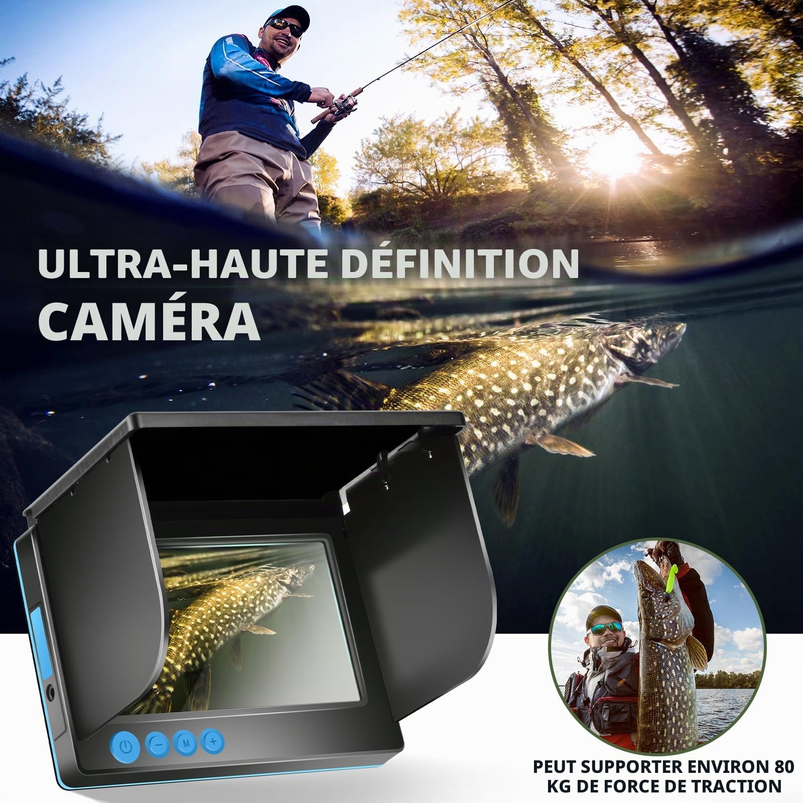 Caméra détecteur de poissons portable, caméra de pêche sous-marine avec écran IPS de 5 pouces, 6 LED IR lumières infrarouges, caméra vidéo de pêche étanche pour glace, rivière et bateau