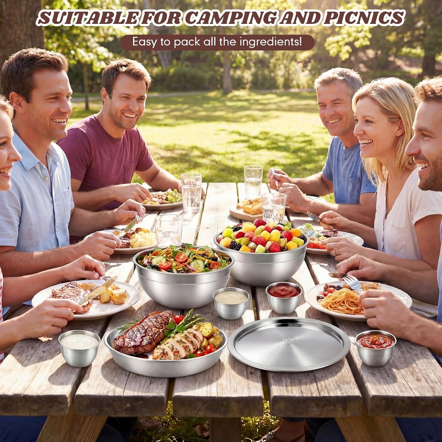 10 Pcs 64oz Stainless Steel Salad Bowl Kit Includes Salad Containers with Leakproof Lids Dressing Cups Removable Bento Tray Kitchen Serving Set for Meal Preparation Dishwasher Safe